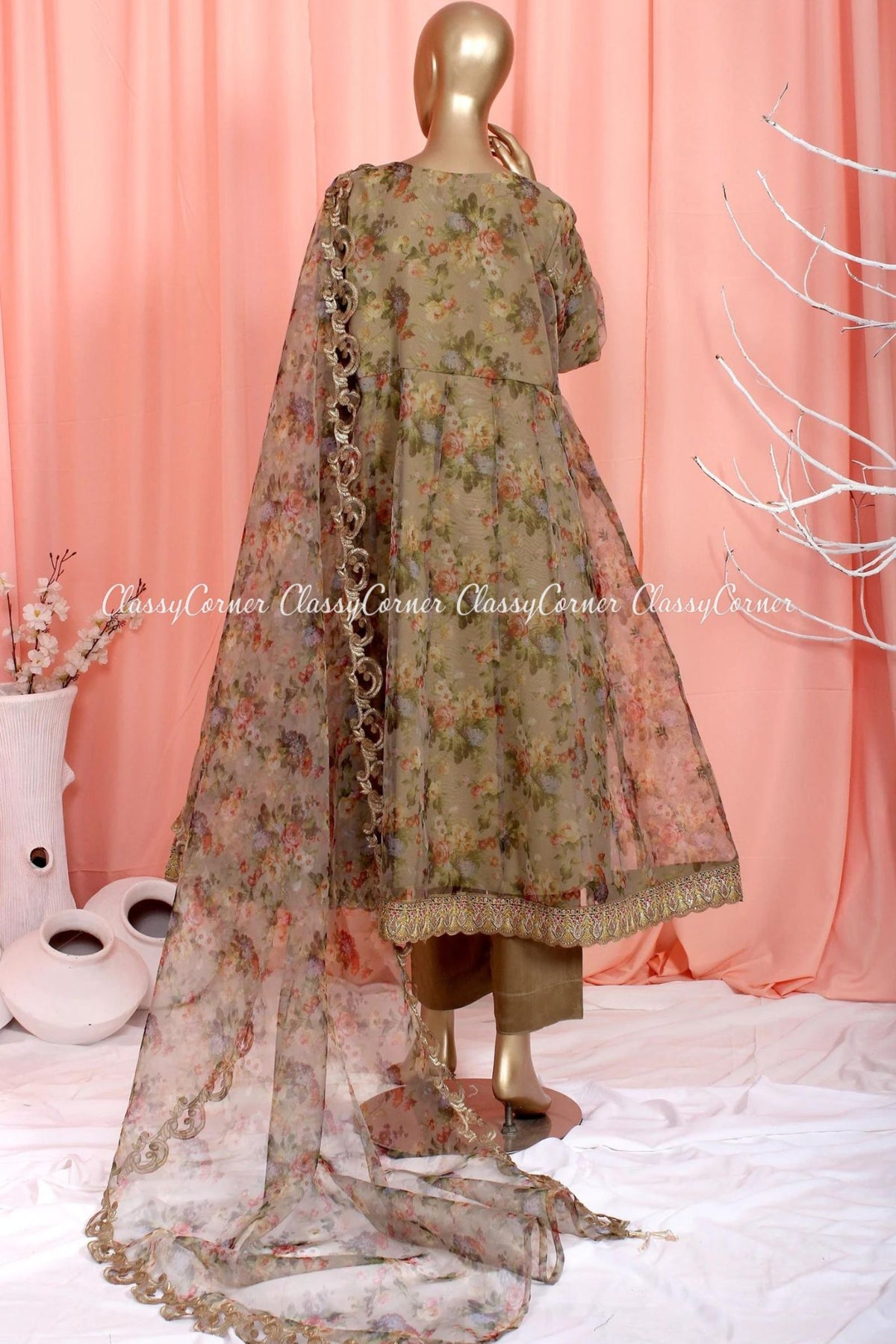 Beige Organza Pakistani Dress