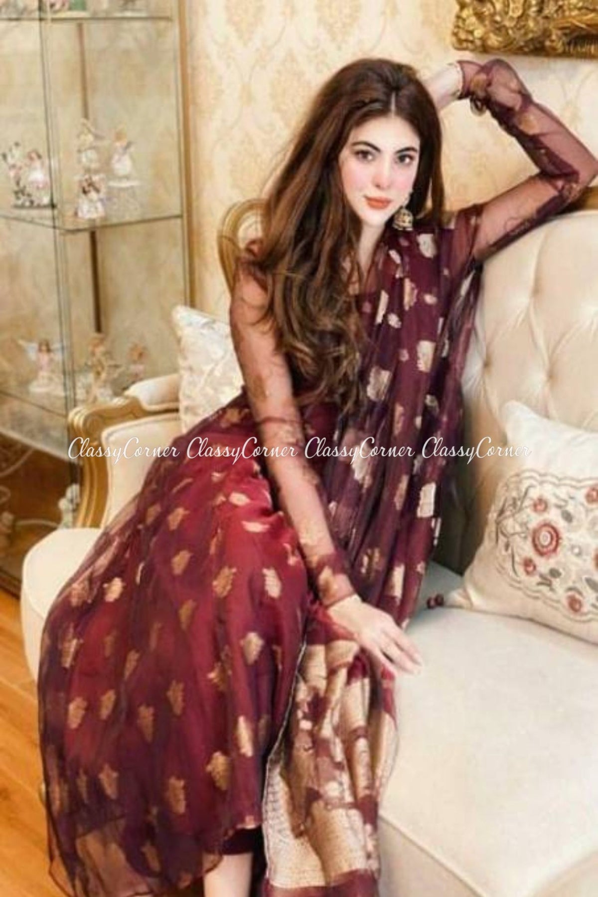 Maroon Pakistani Semi Formal Shalwar Kameez