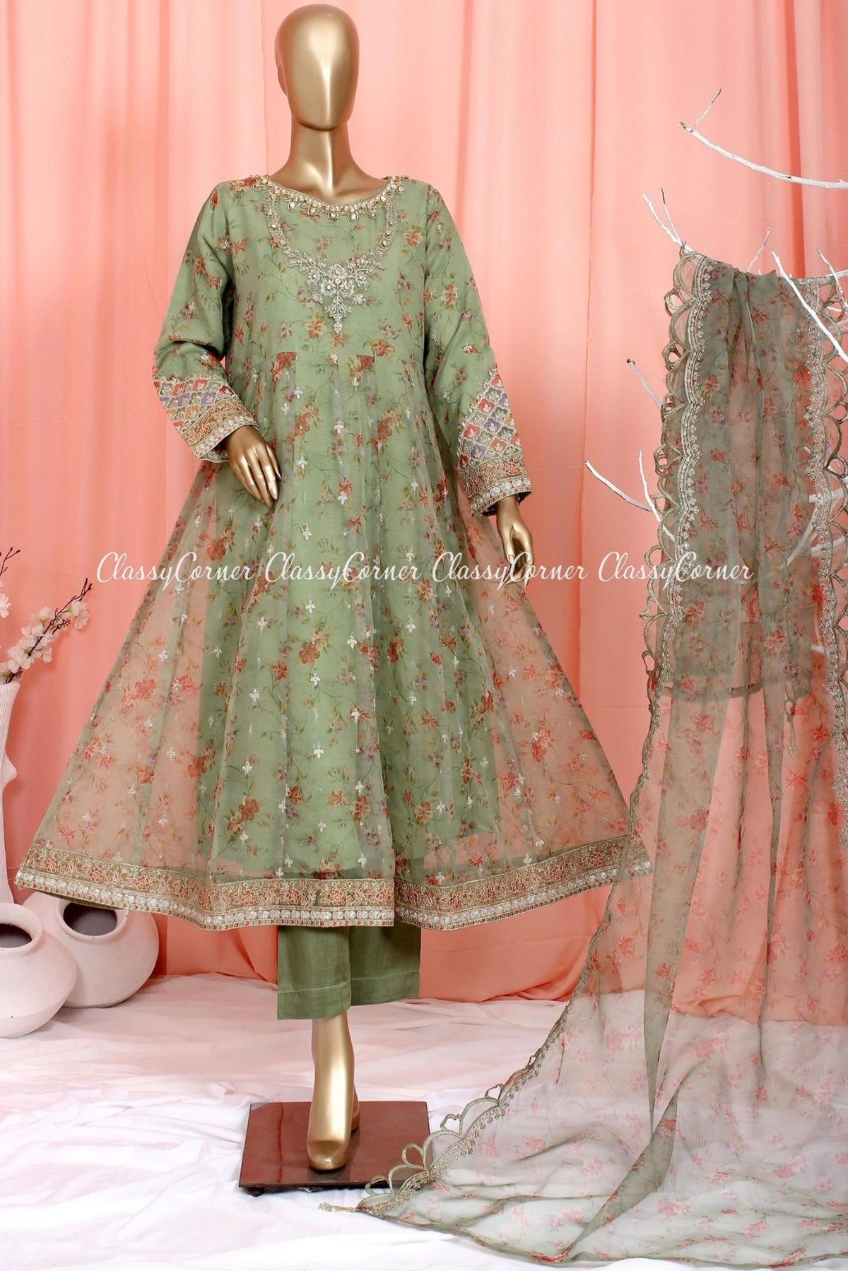 Green Organza Pakistani Dress