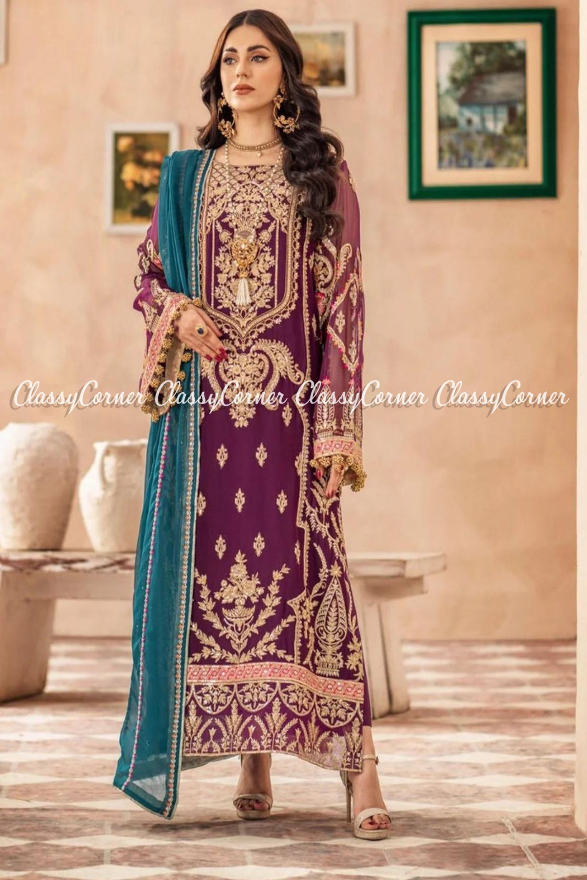 Plum Golden Chiffon Embroidered Pakistani Salwar Kameez