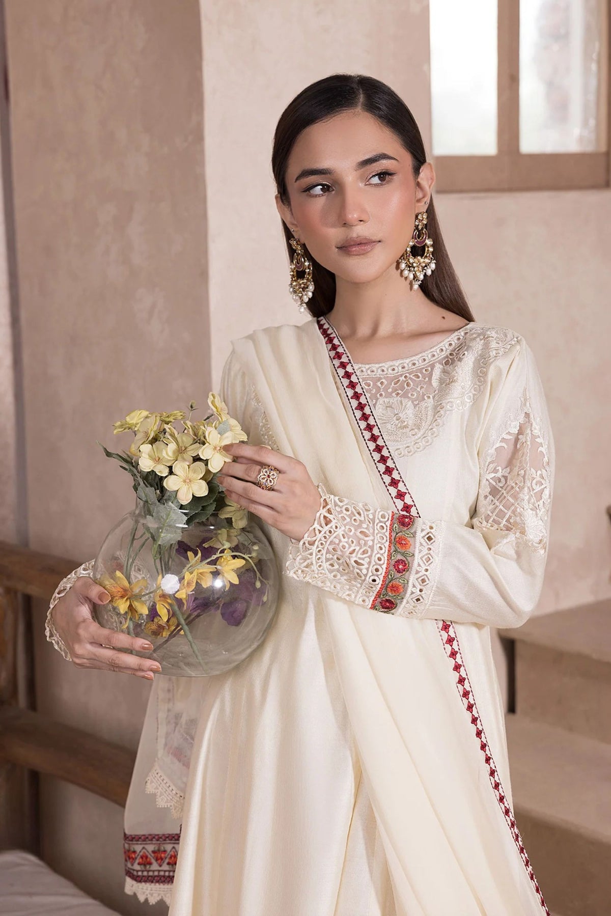 Cream White Katan Readymade Frock