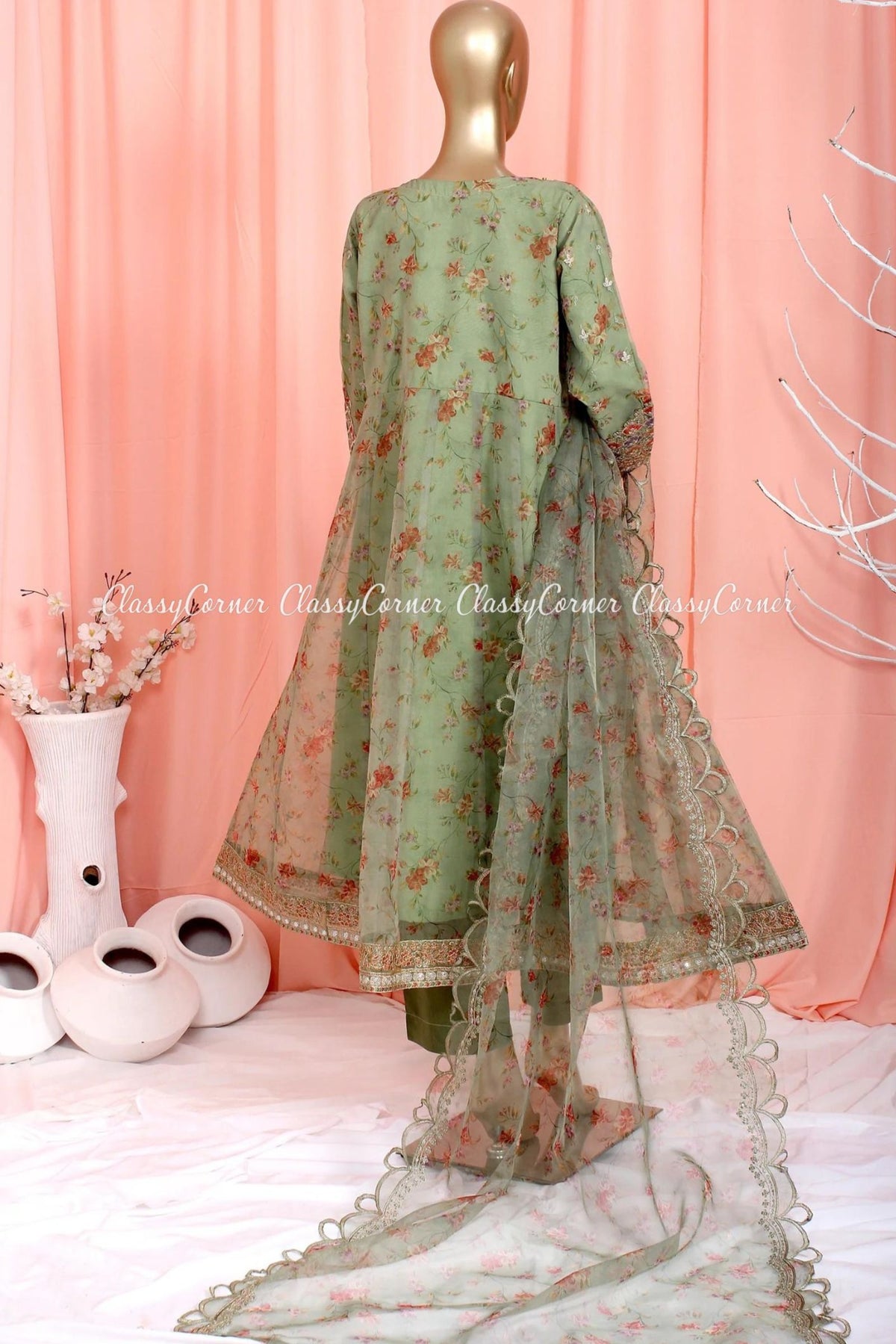 Green Organza Pakistani Dress