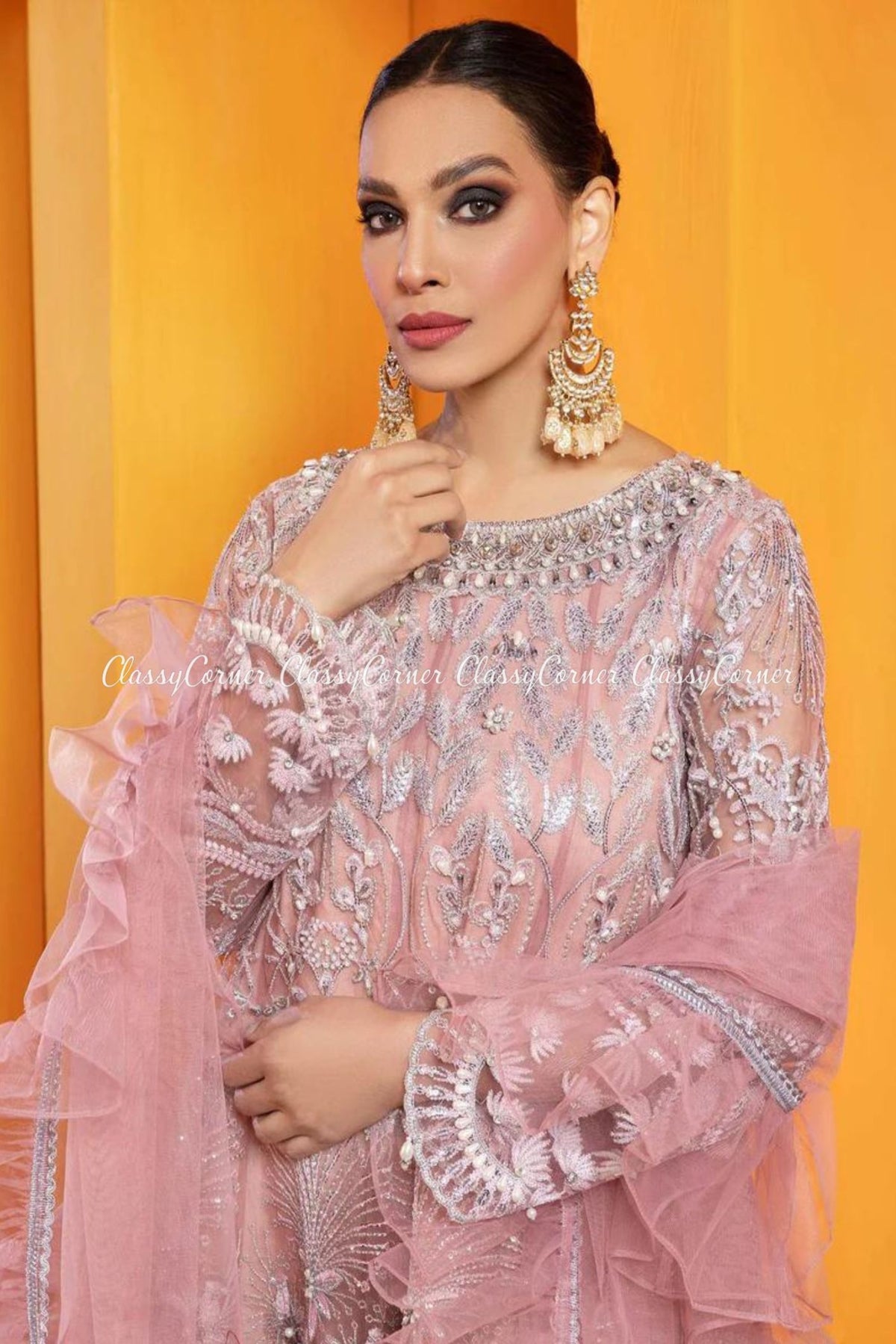 Pink Net Embroidered Formal Sharara