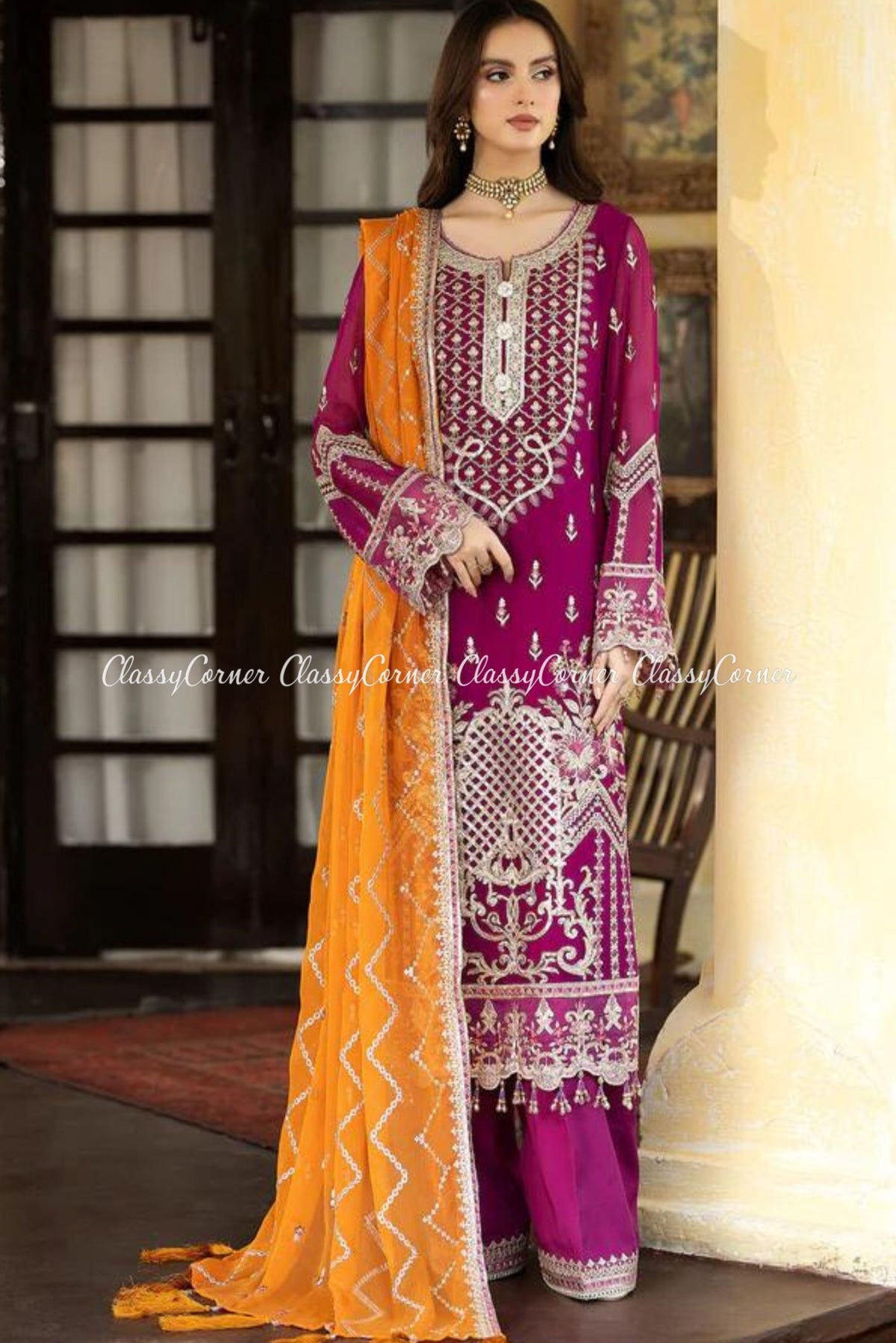 Magenta Chiffon Embroidered Salwar Kameez