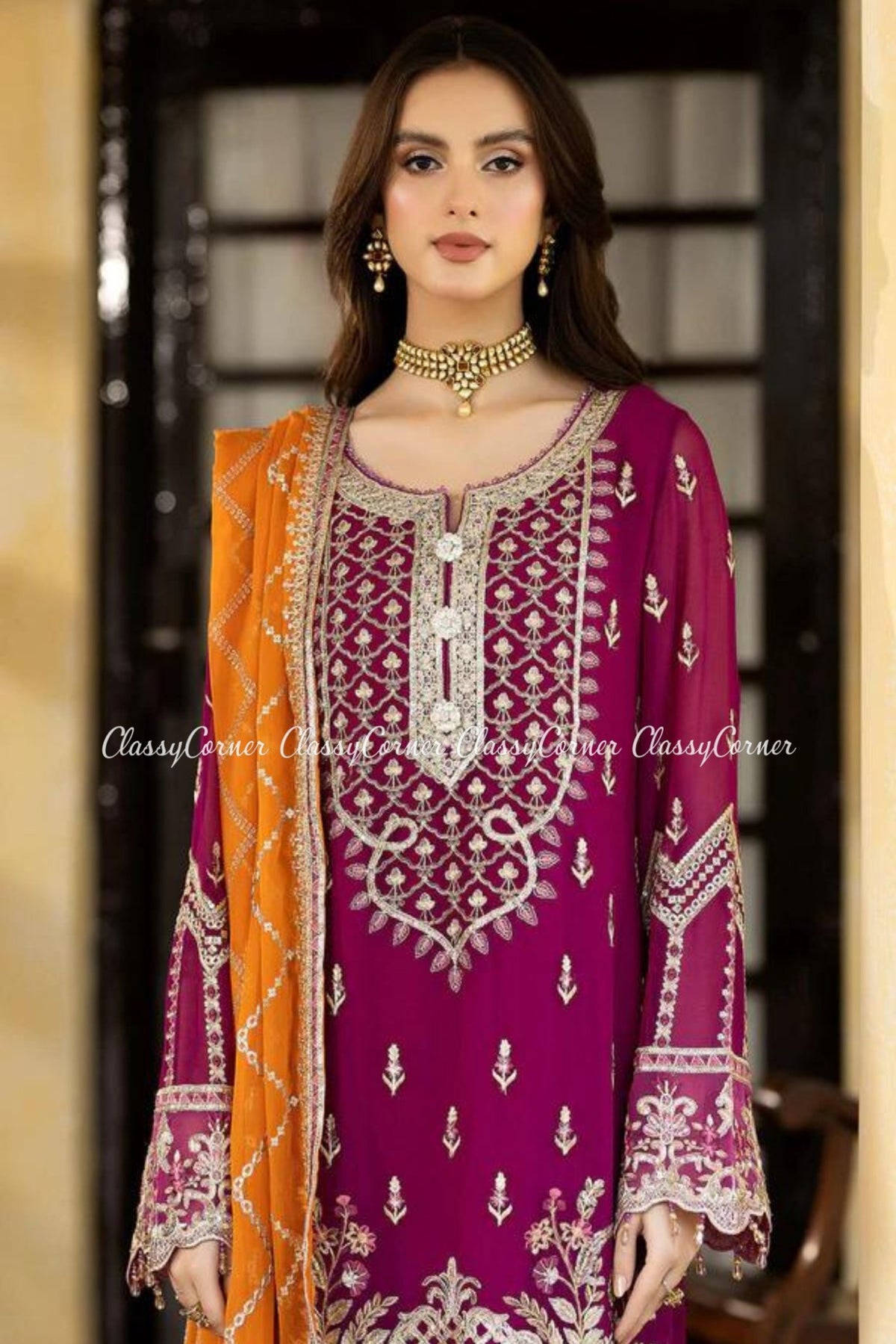 Magenta Chiffon Embroidered Salwar Kameez