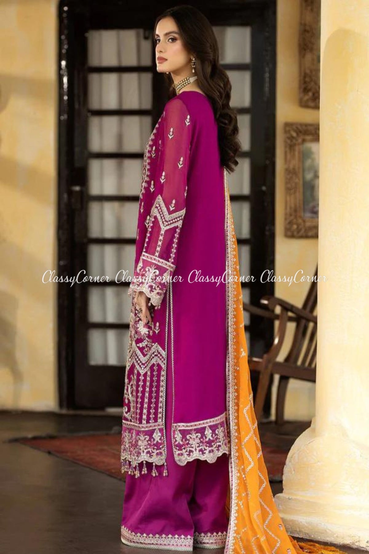 Magenta Chiffon Embroidered Salwar Kameez