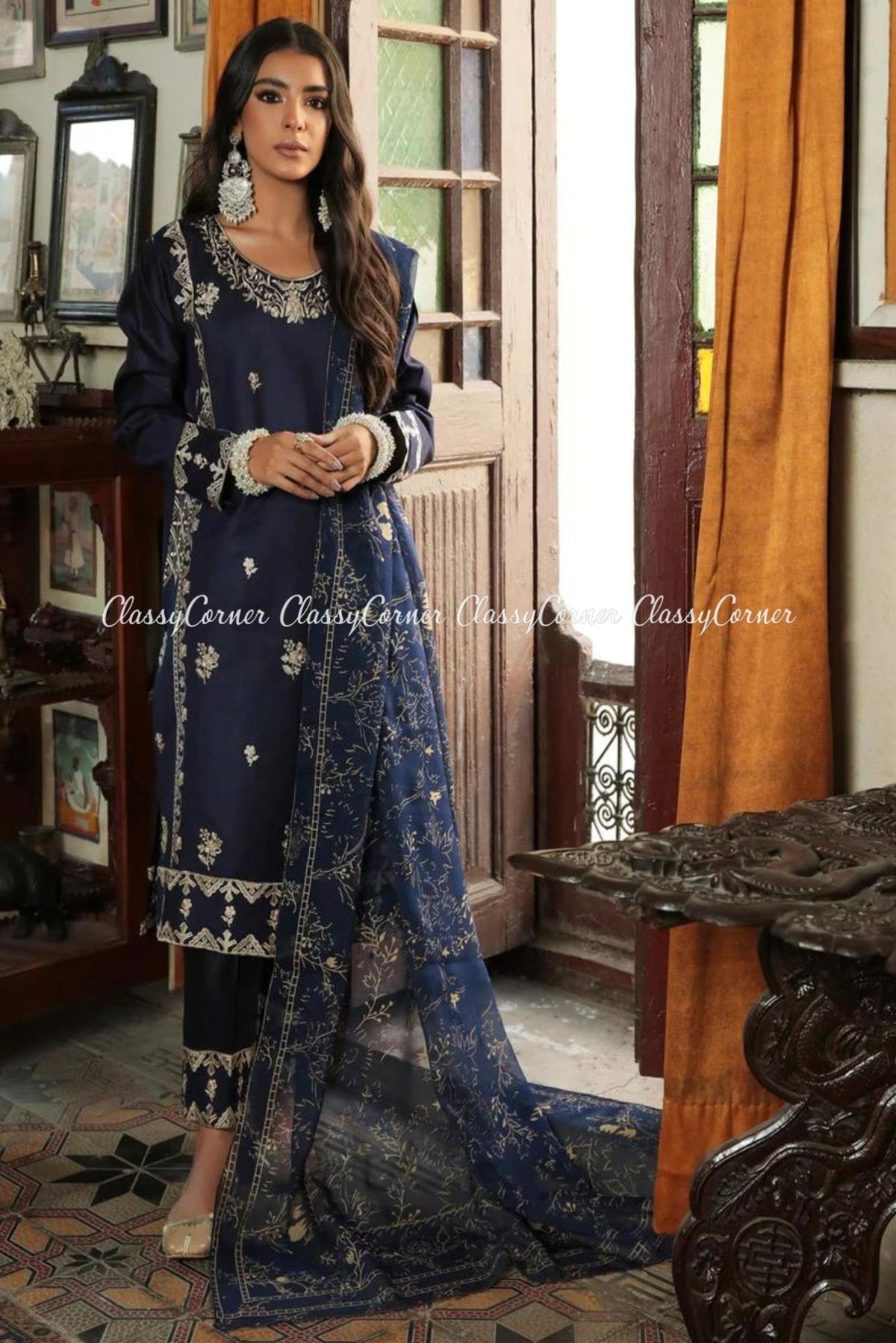 Navy Blue Cotton Pakistani Salwar Kameez