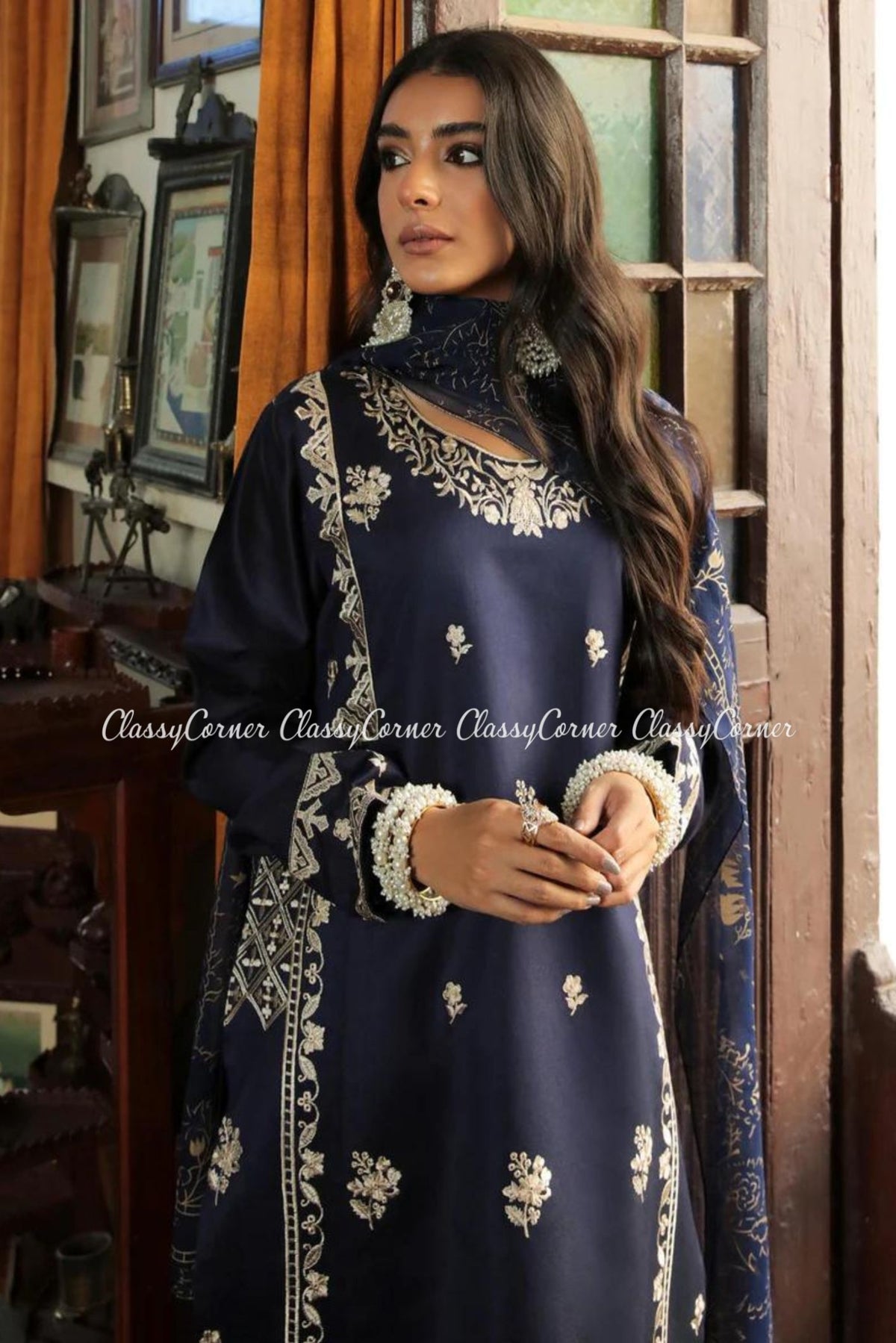 Navy Blue Cotton Pakistani Salwar Kameez