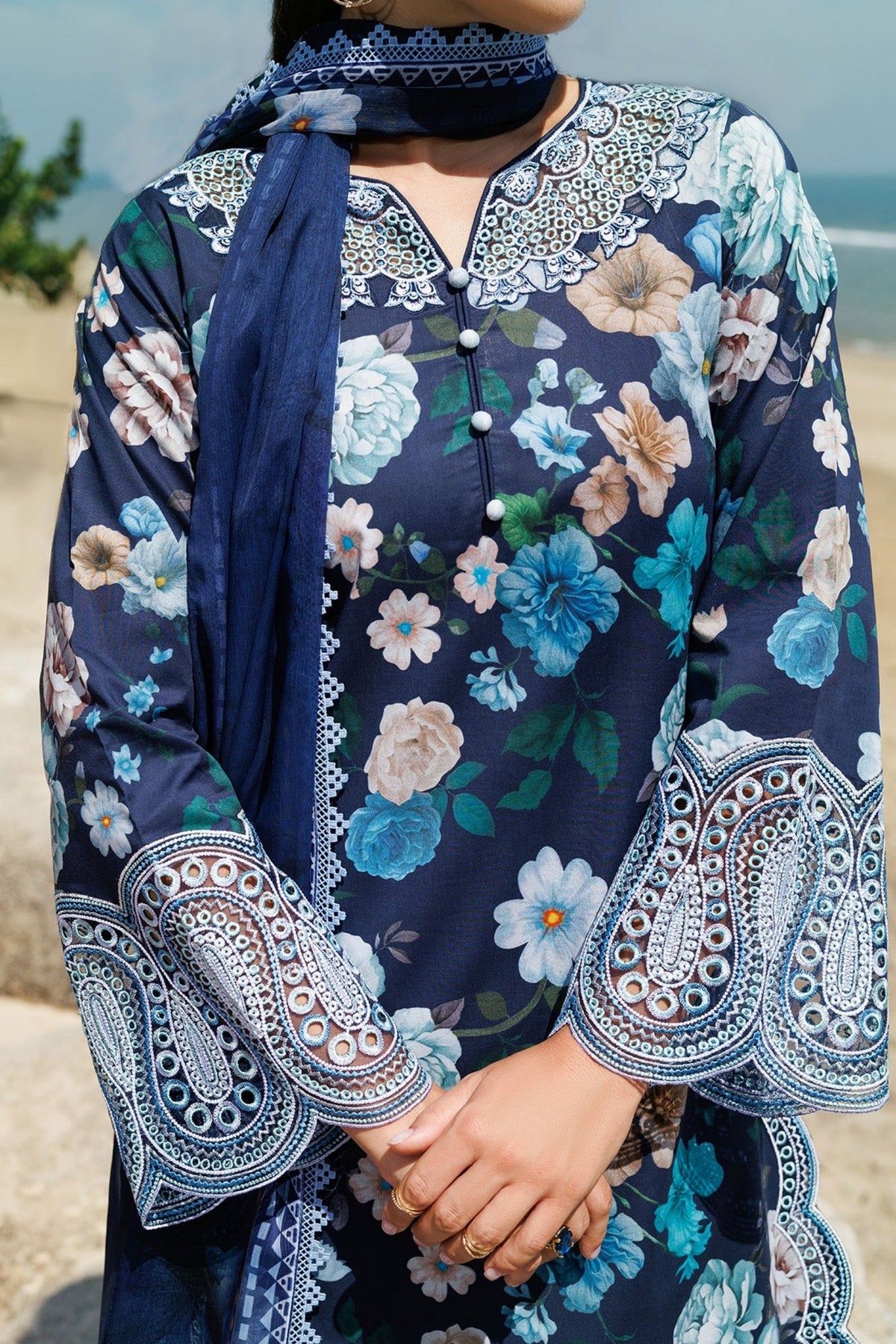 Navy Blue Floral Lawn Suit