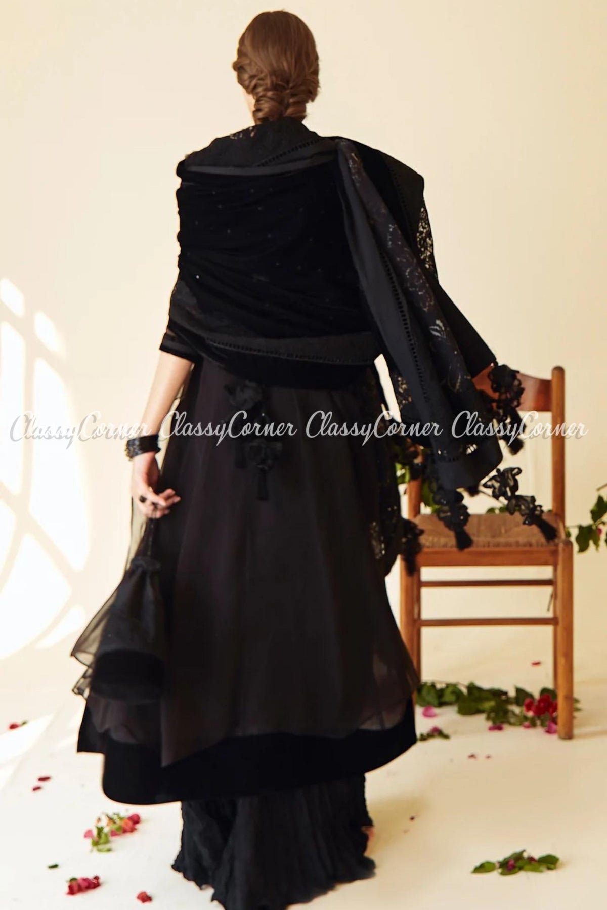 Plain Black Embroidered Chiffon Pakistani Frock Outfit