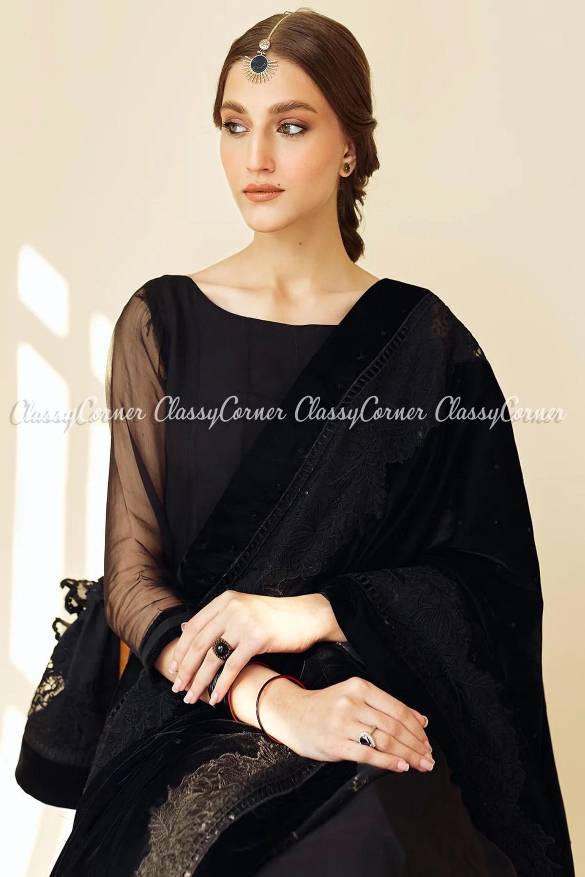 Plain Black Embroidered Chiffon Pakistani Frock Outfit