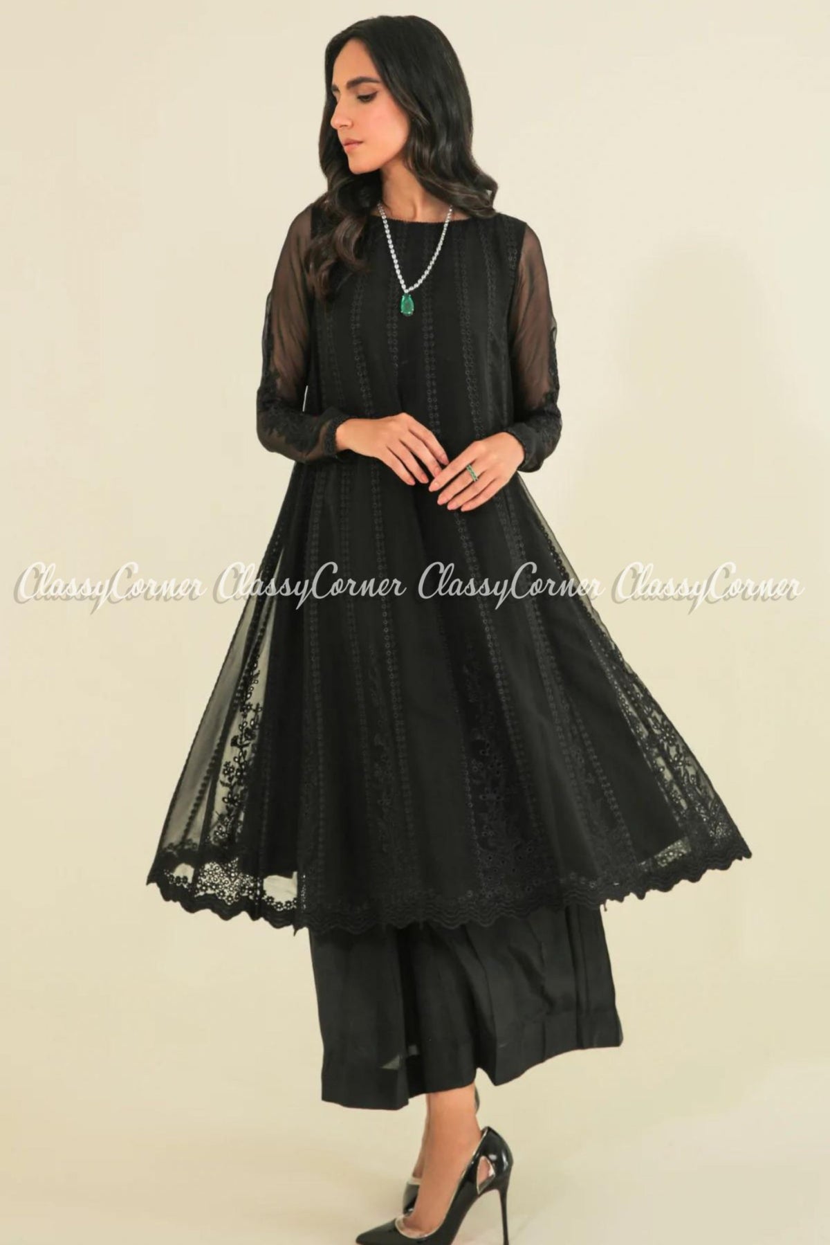 Black Embroidered Chiffon Pakistani Frock Outfit