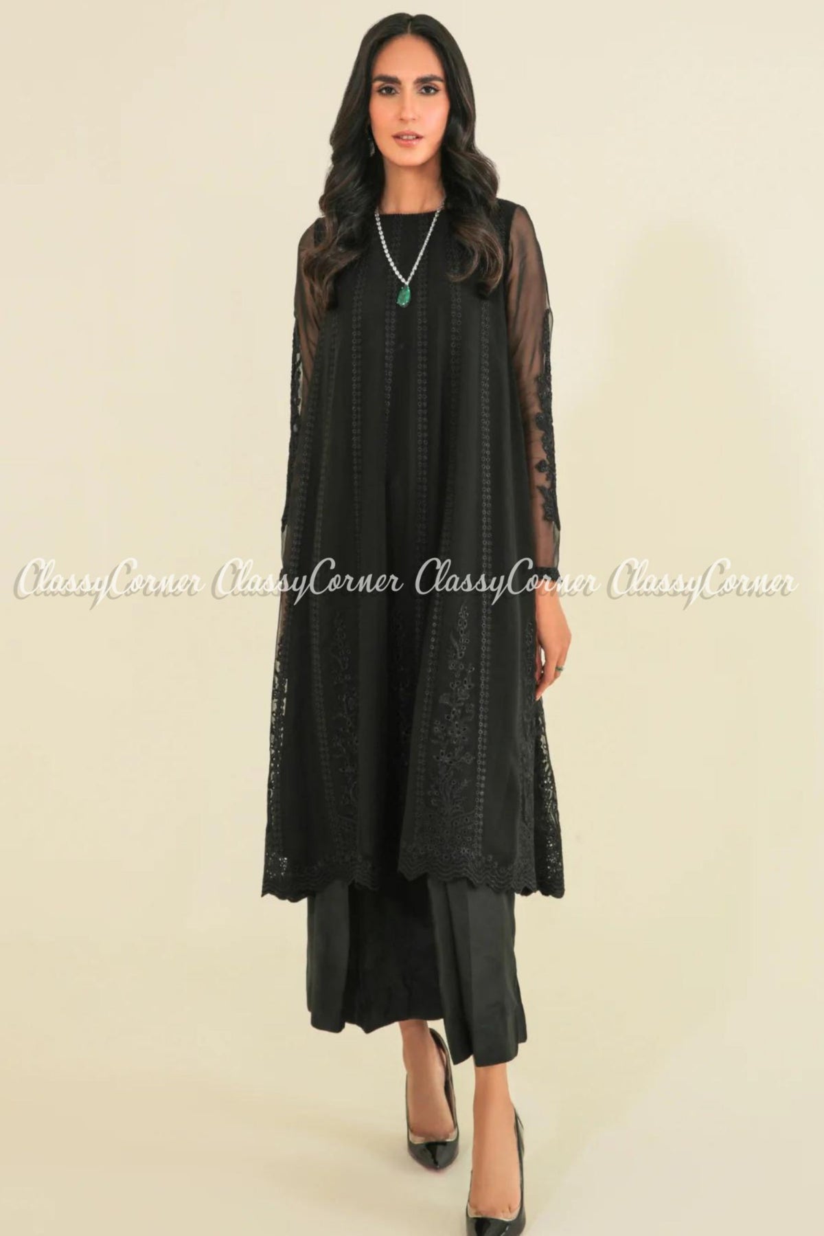 Black Embroidered Chiffon Pakistani Frock Outfit