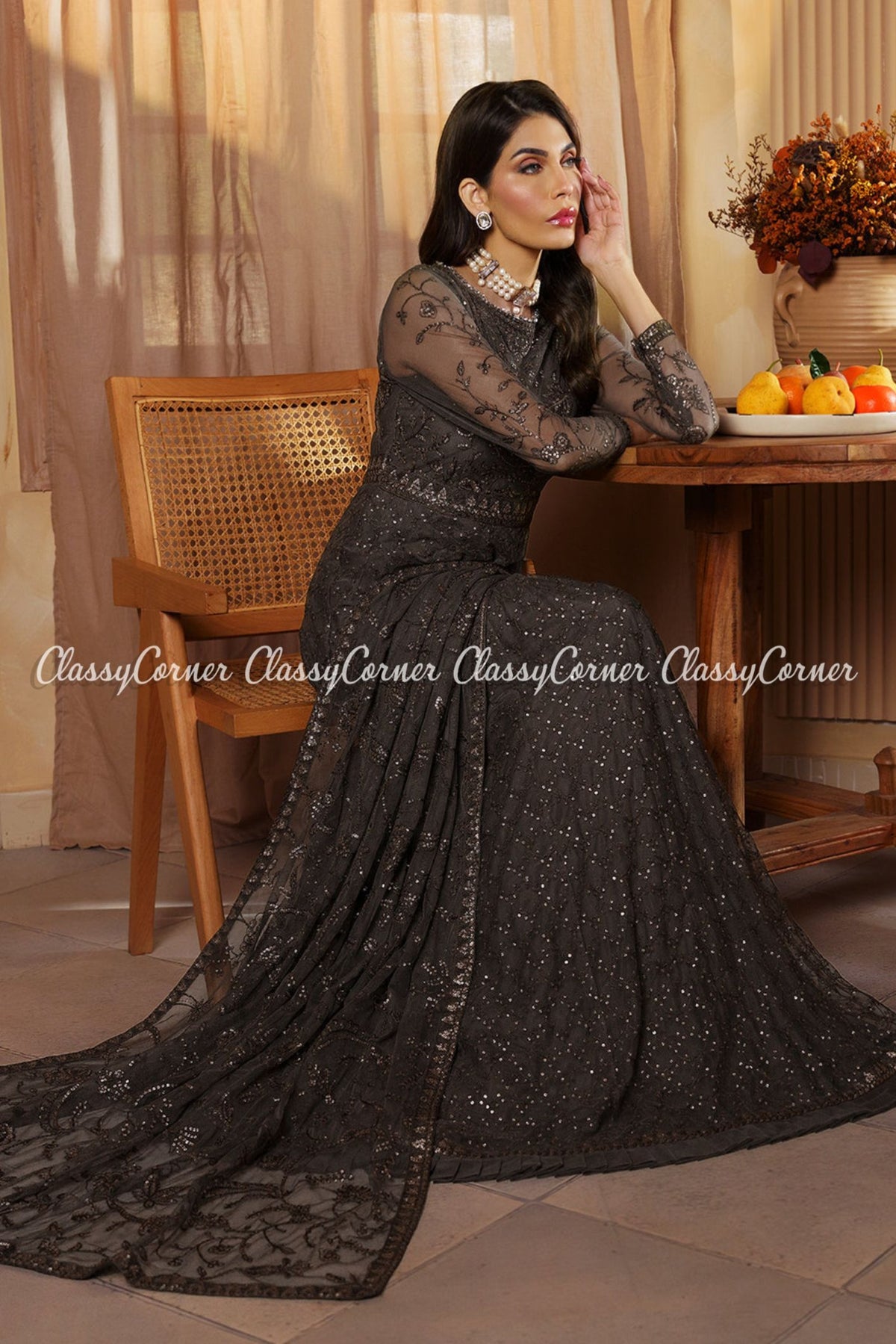 Dark Grey Net Embroidered Gown Dress