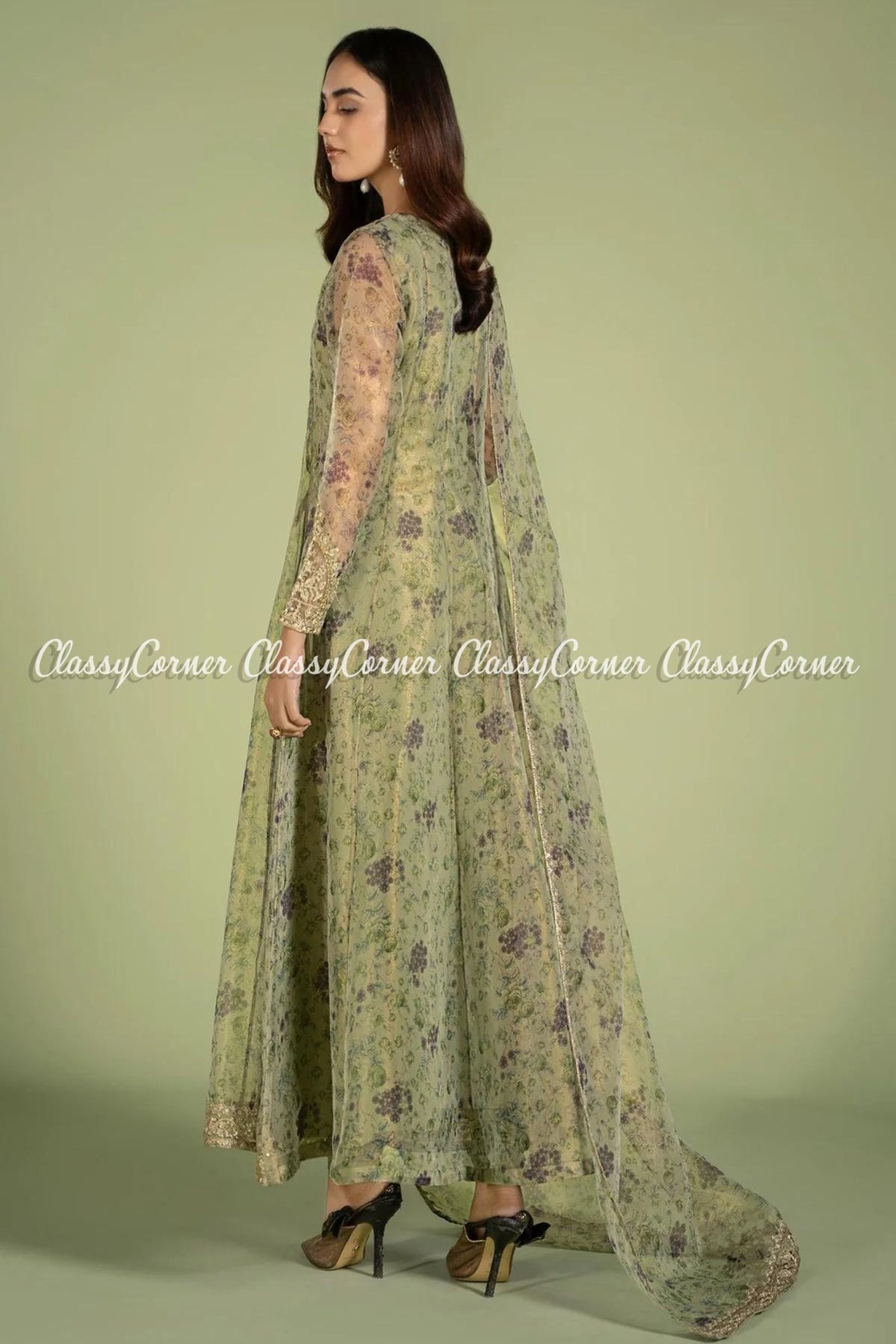 Green Organza Net Readymade Frock Outfit