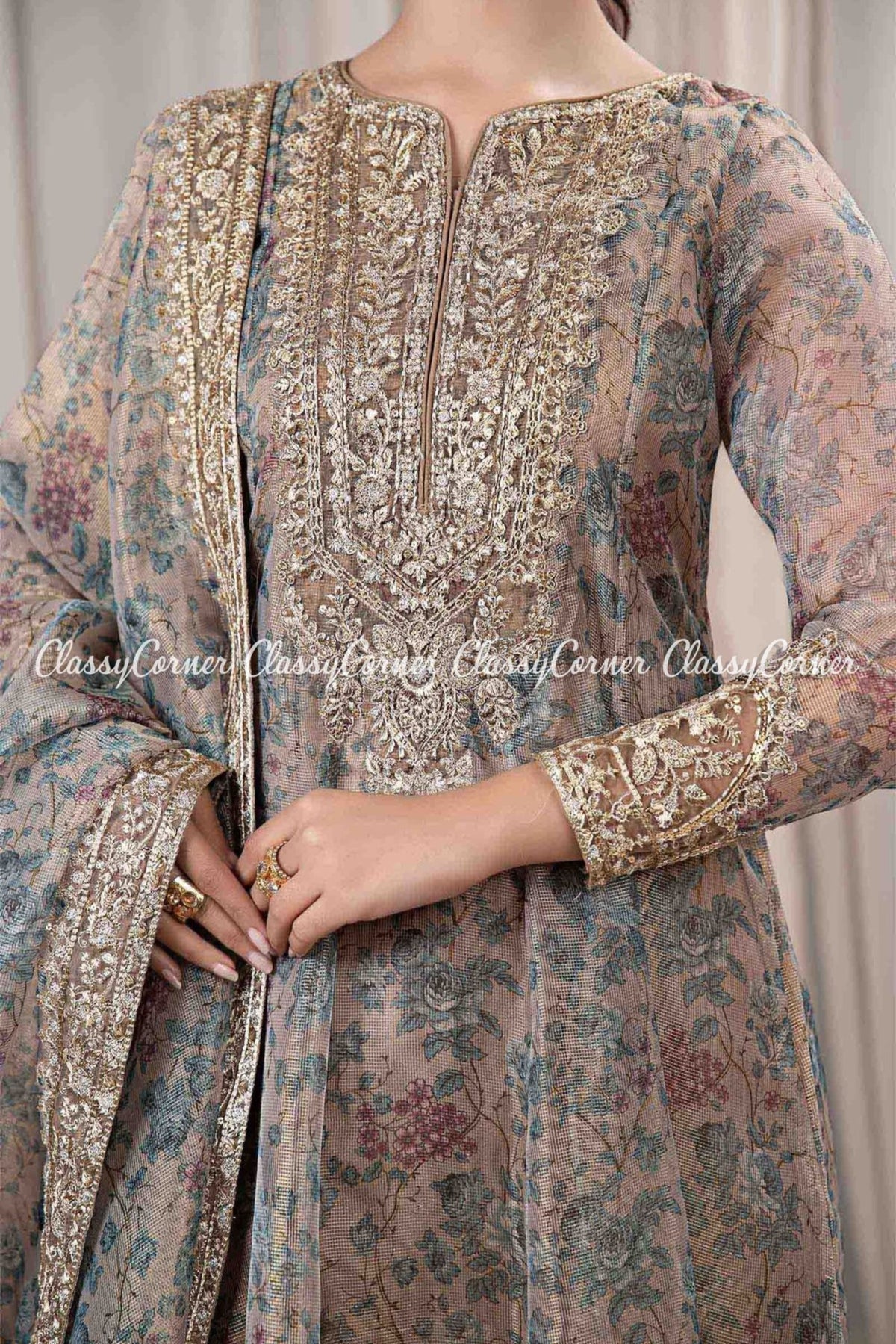 Light Brown Embroidered Party Wear Outfit