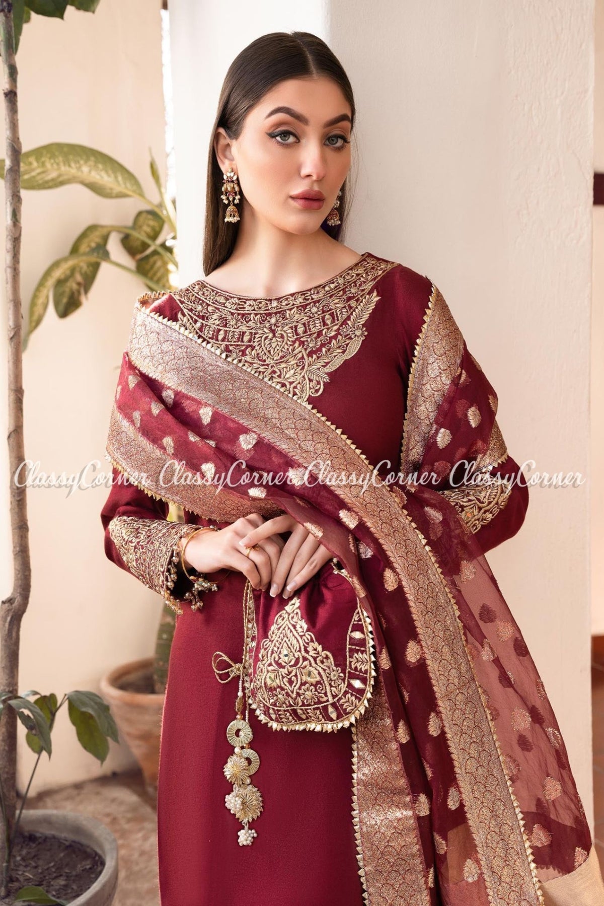 Maroon Golden Khaddi Silk Party Wear Salwar Kameez