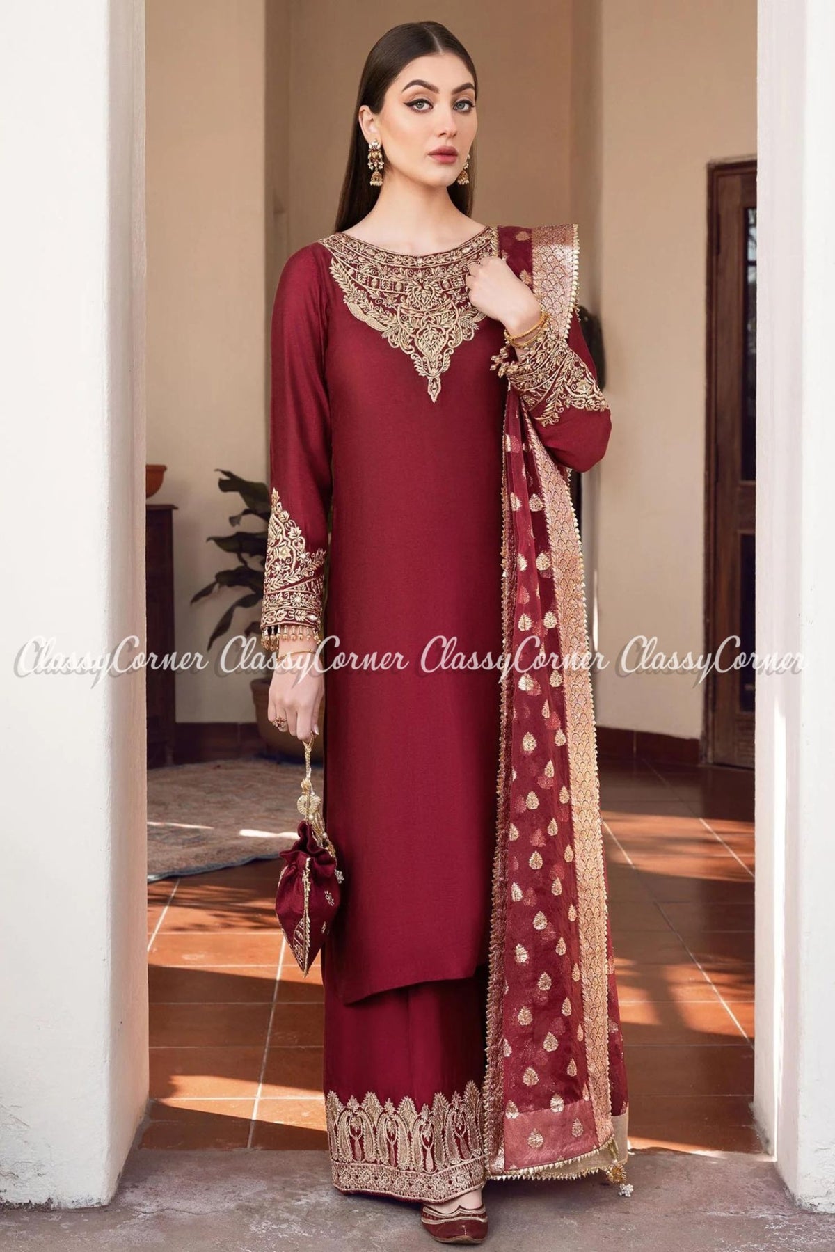 Maroon Golden Khaddi Silk Party Wear Salwar Kameez