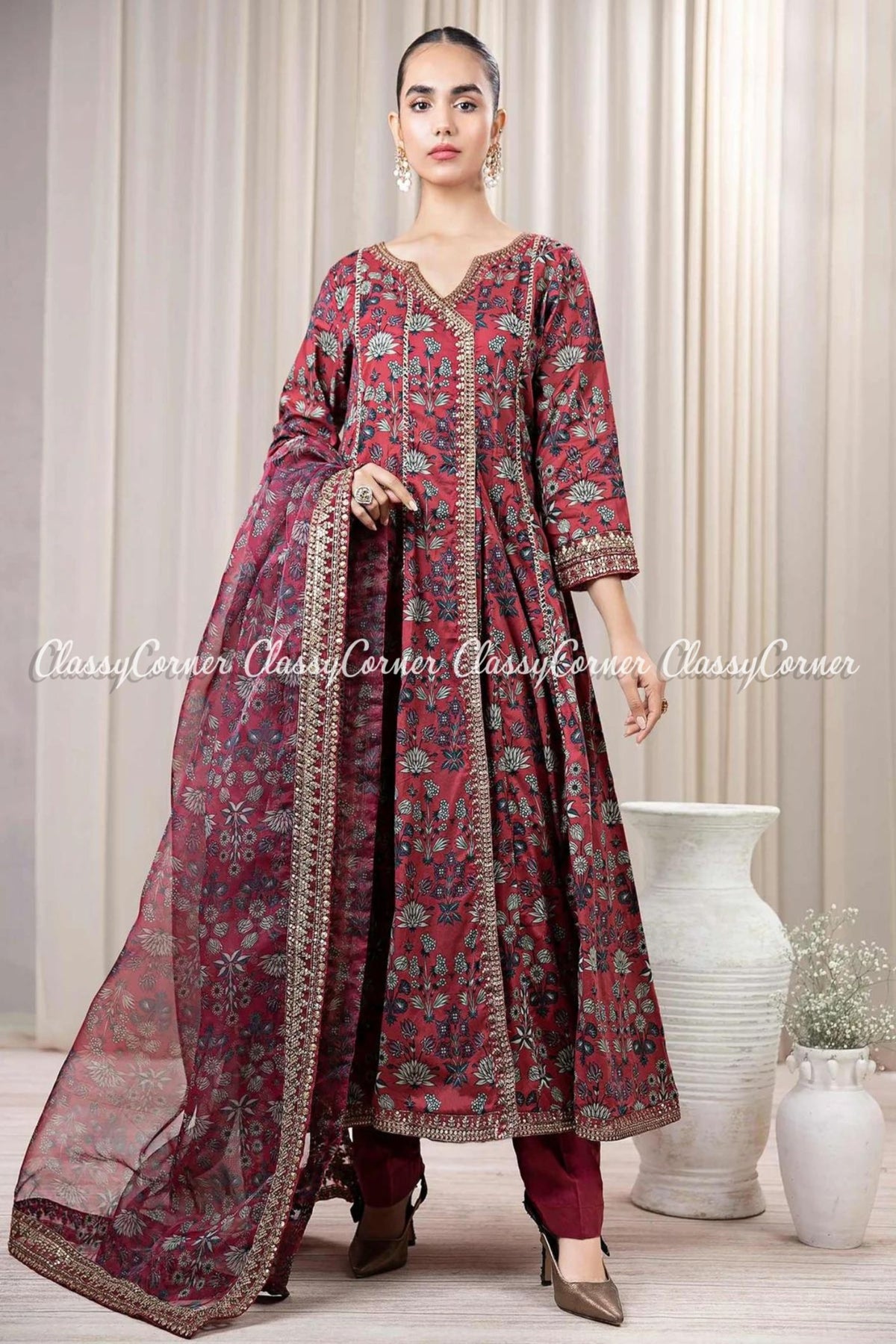 Maroon Lawn Readymade Frock Outfit