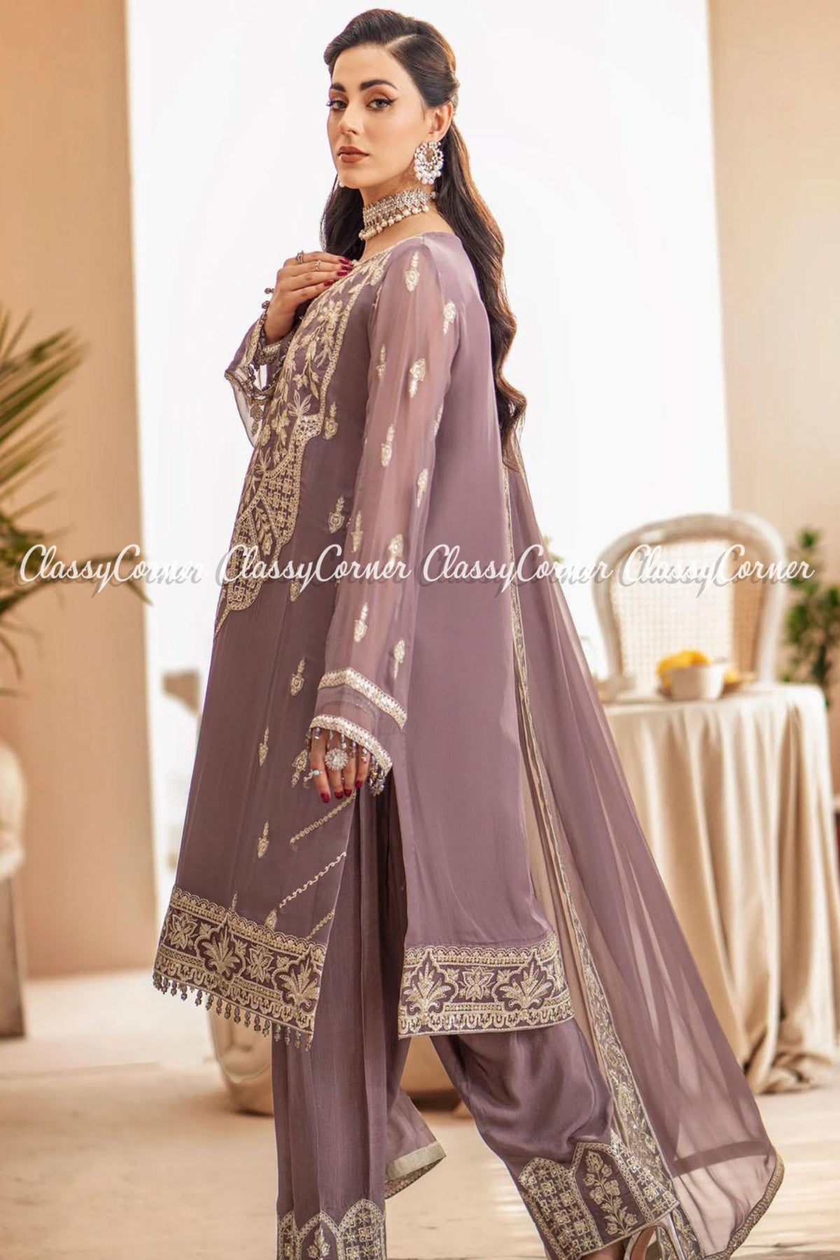 Mauve White Chiffon Embroidered Pakistani Salwar Kameez