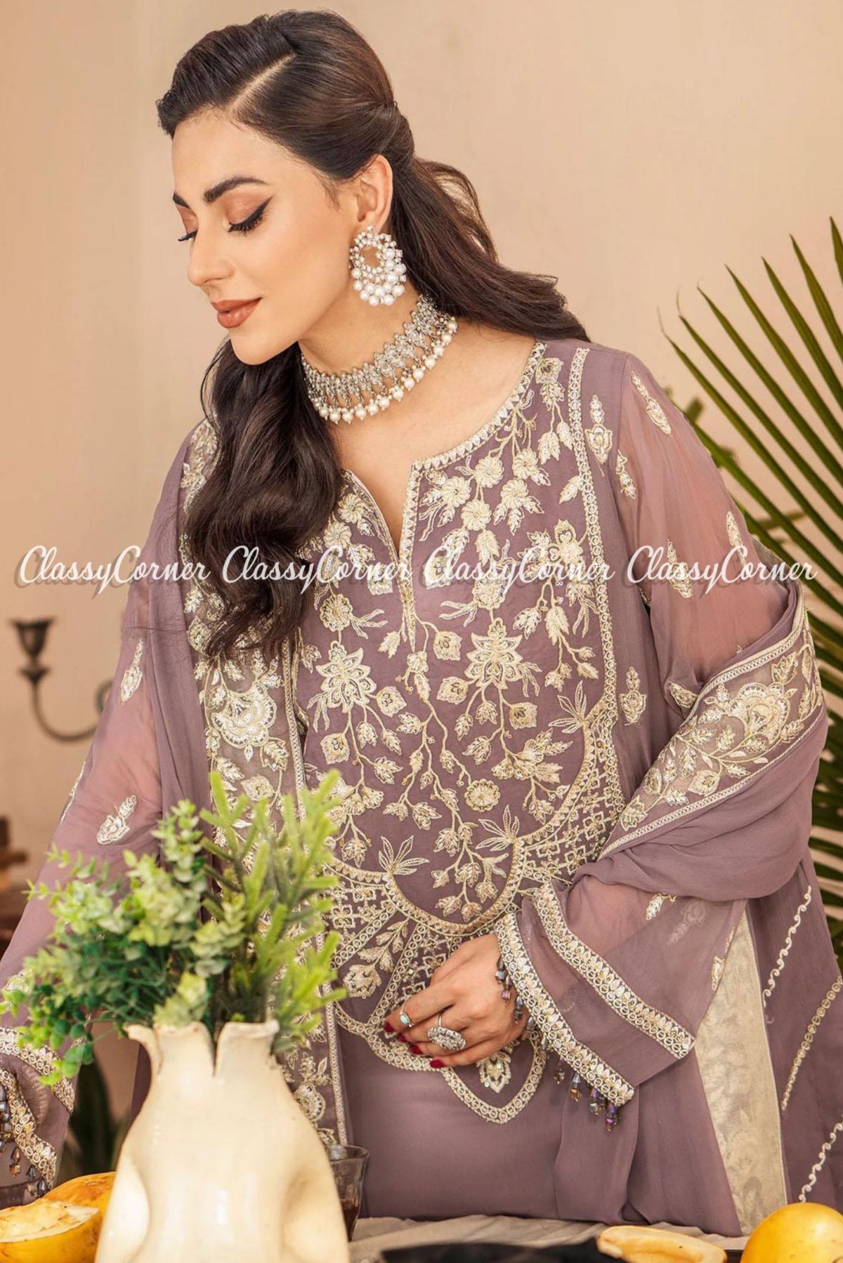 Mauve White Chiffon Embroidered Pakistani Salwar Kameez