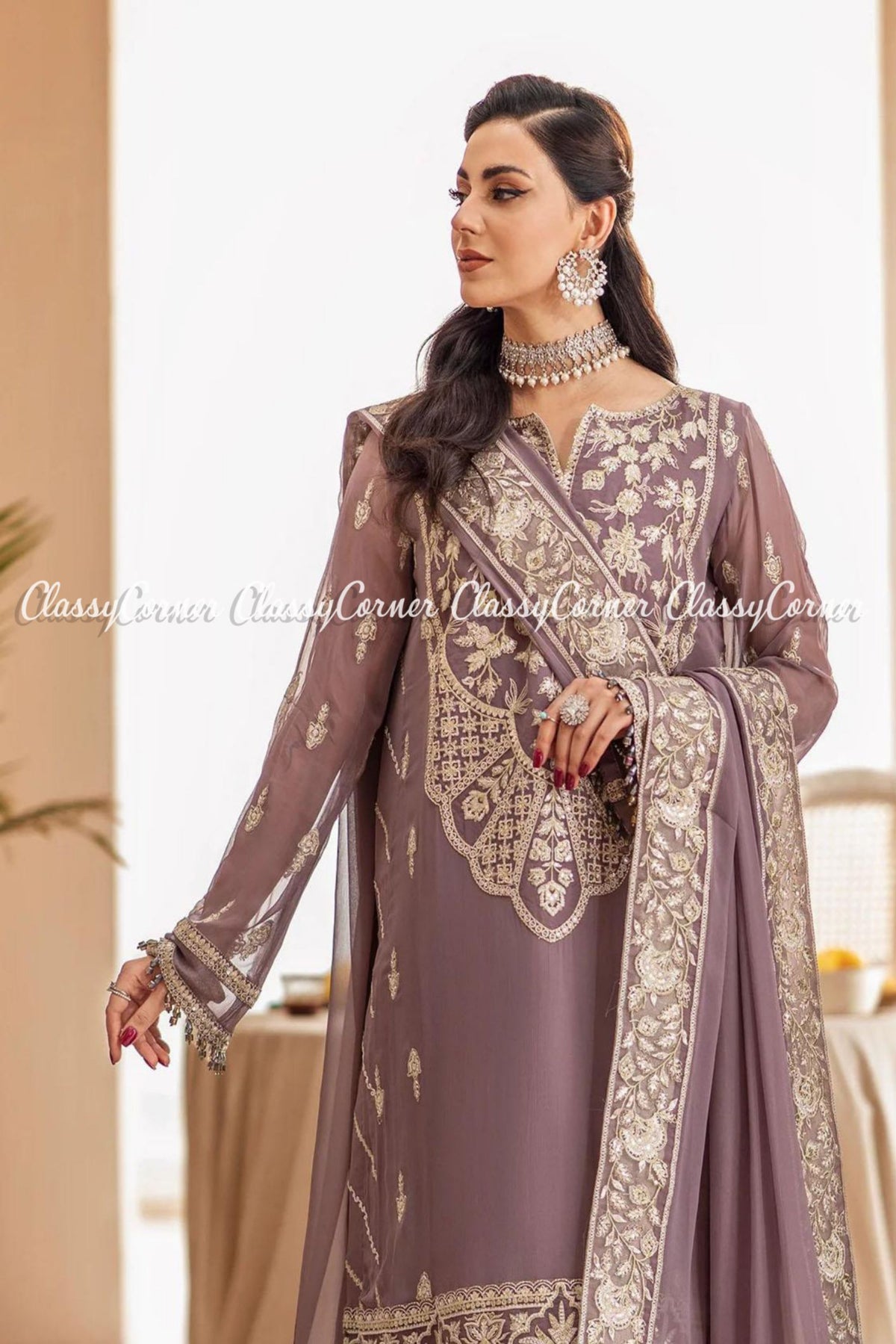 Mauve White Chiffon Embroidered Pakistani Salwar Kameez