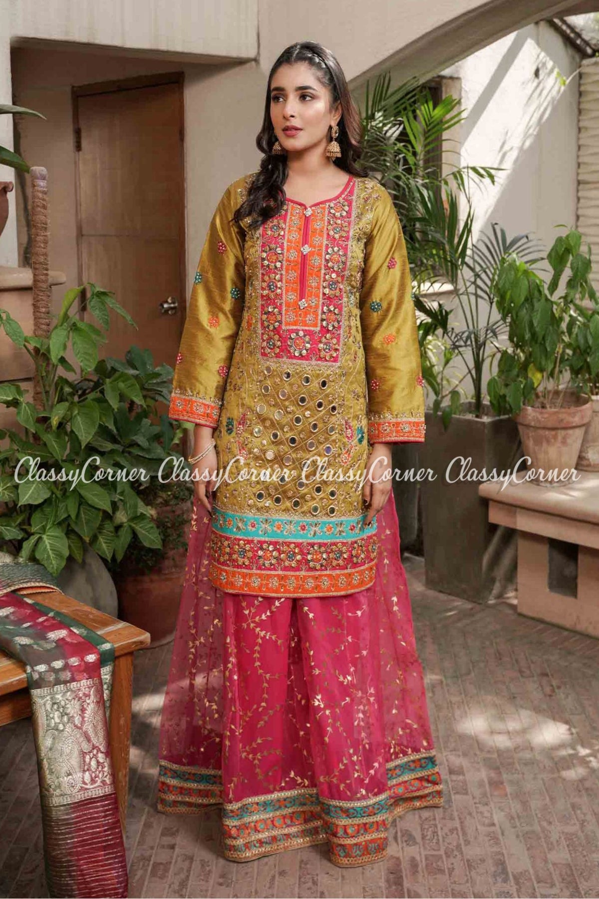 Multicolor Embroidered Pakistani Wedding Wear Sharara Outfit