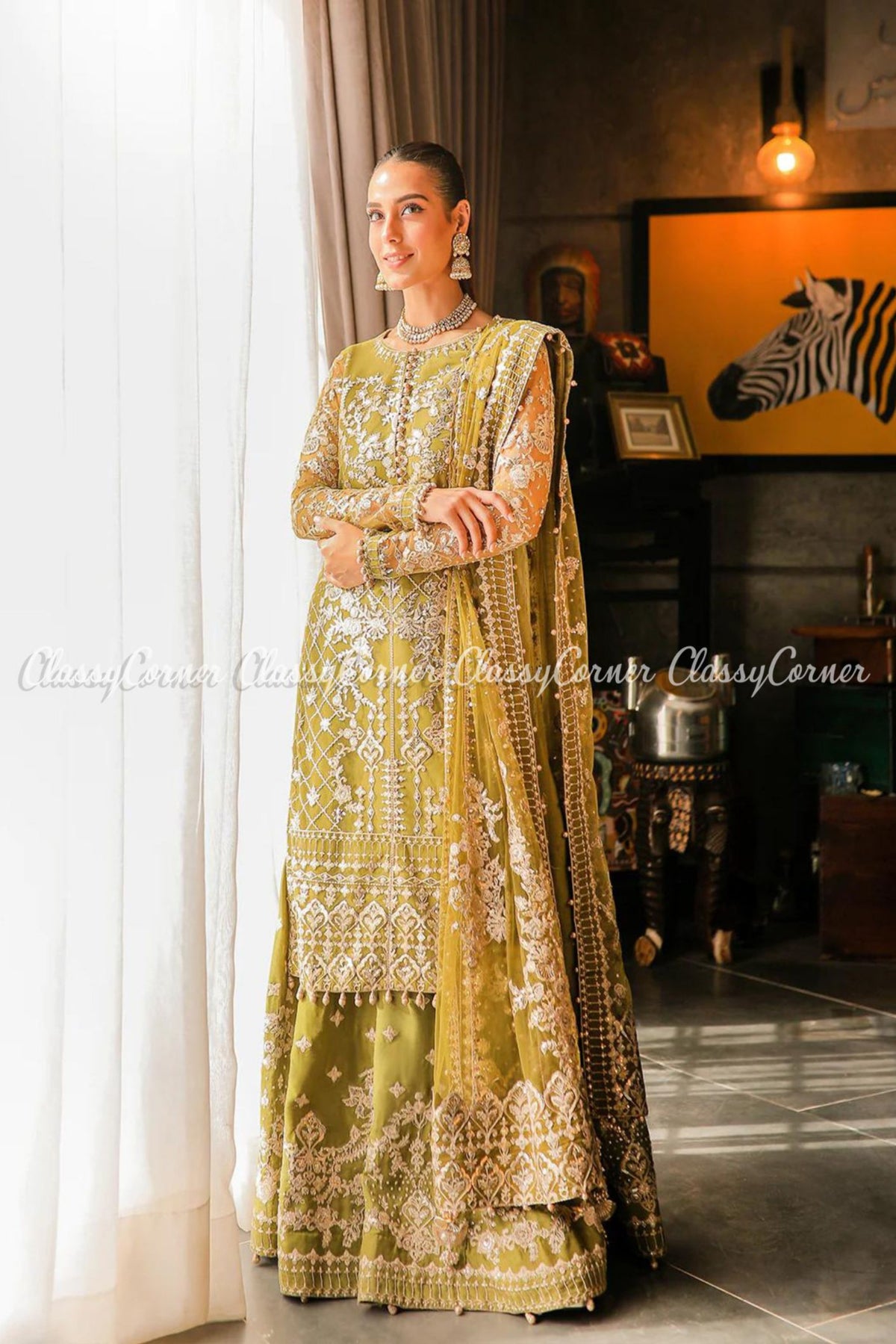 Olive Green Net Embroidered Wedding Wear Sharara