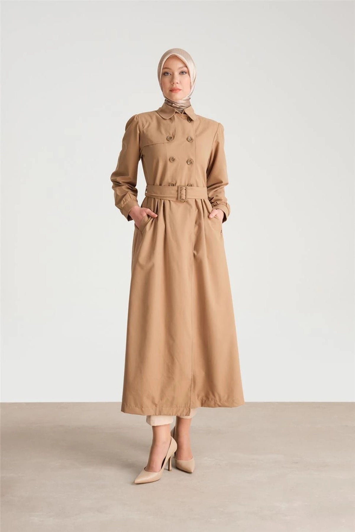 Light Brown Long Sleeve Belted Dress