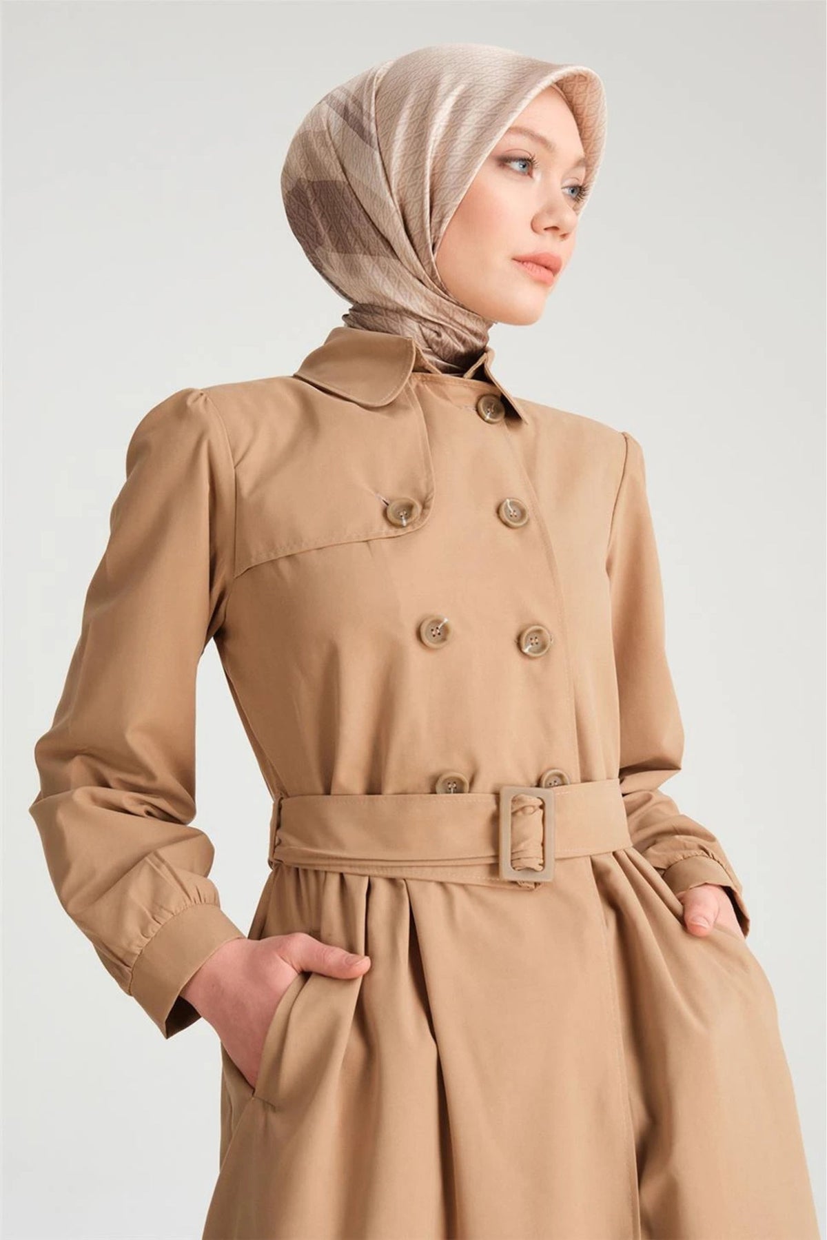 Light Brown Long Sleeve Belted Dress