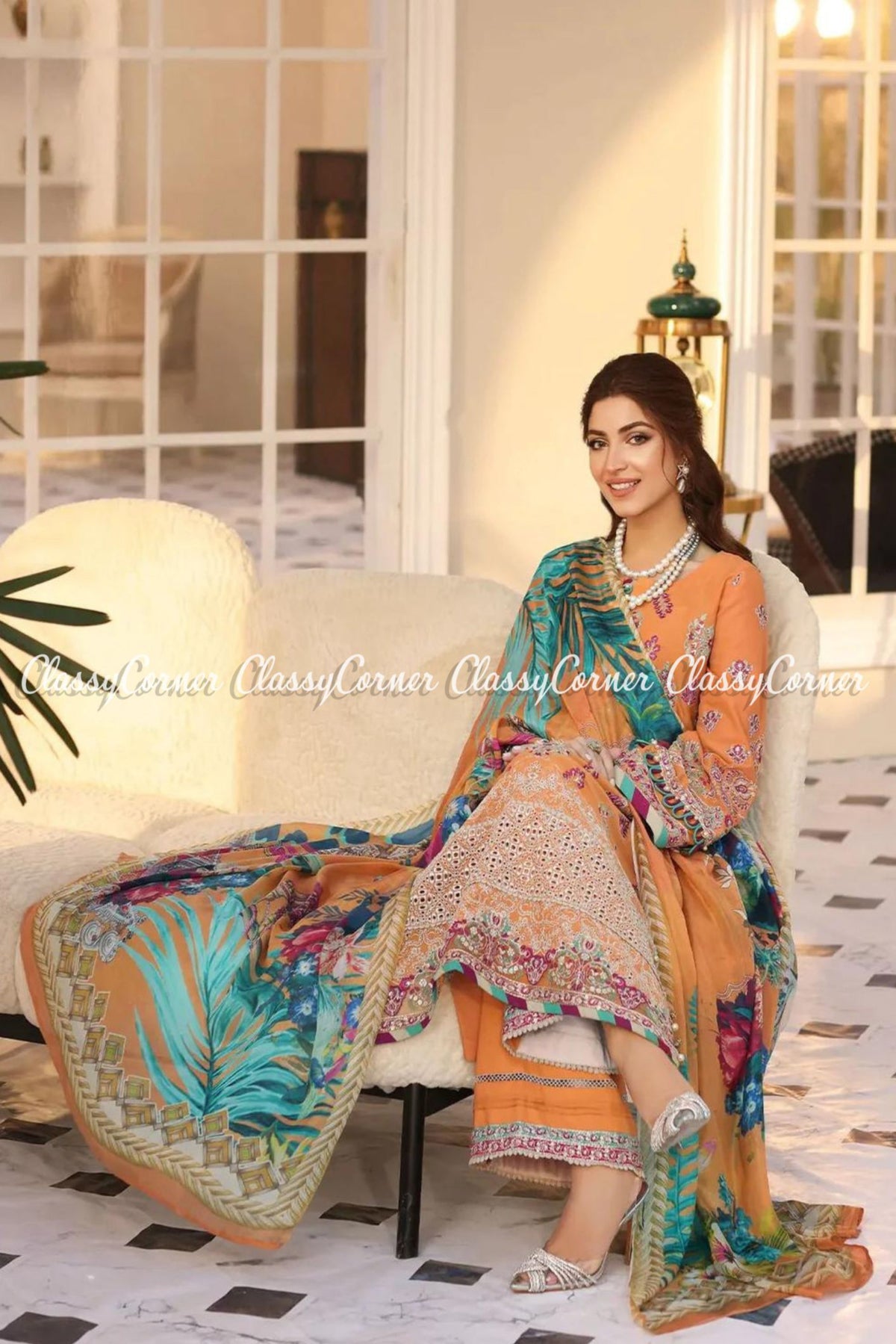 Orange Pakistani Lawn Embroidered Long Kameez Outfit