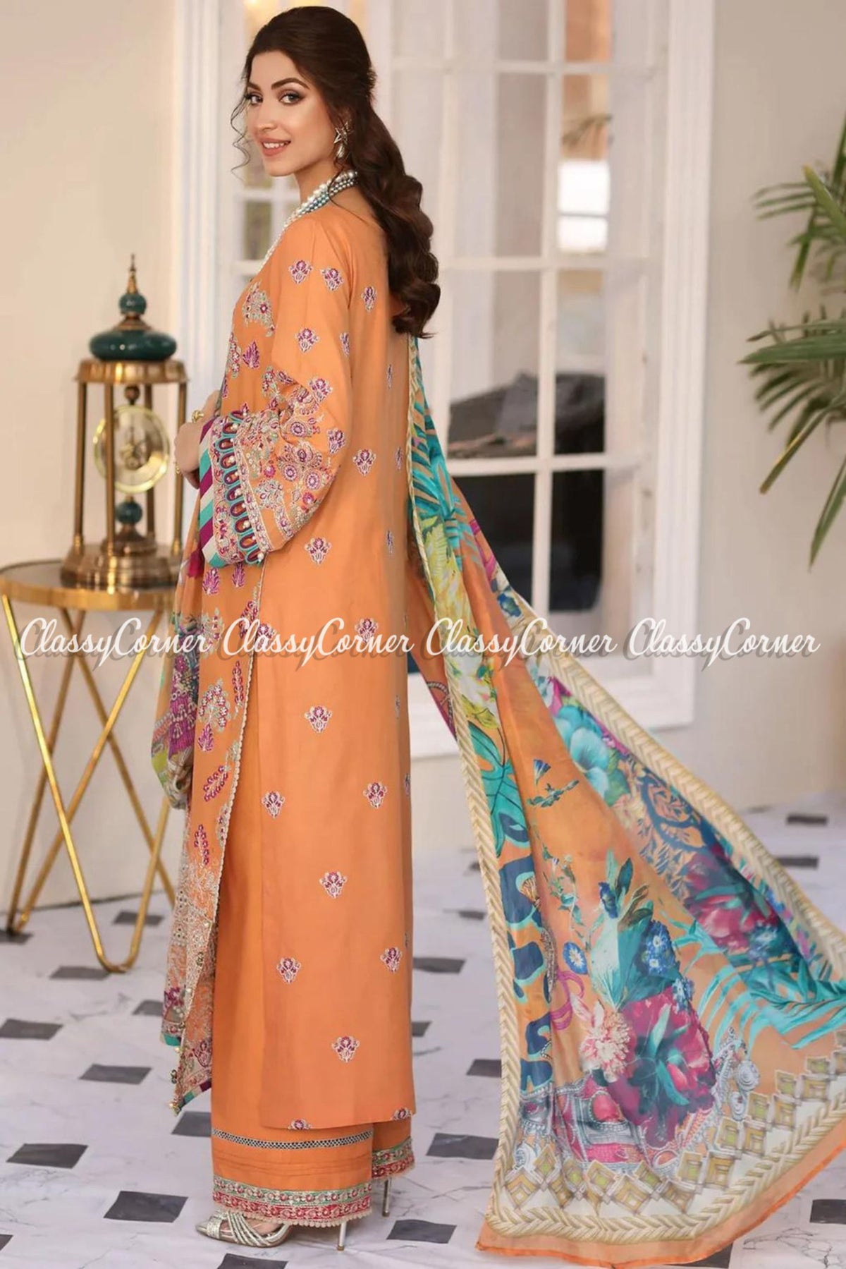 Orange Pakistani Lawn Embroidered Long Kameez Outfit