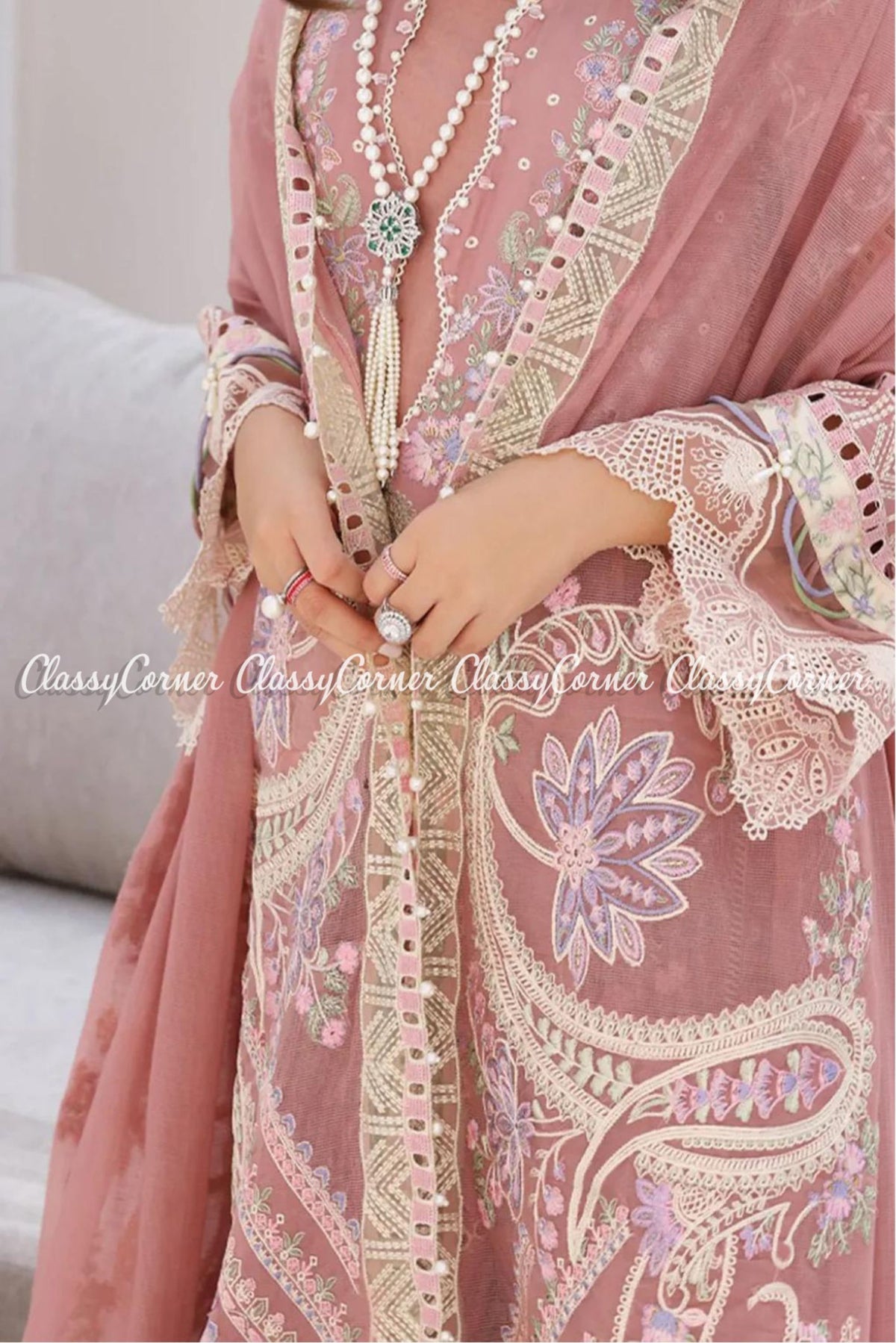 Tea Pink Lawn Embroidered Formal Wear Long Kameez Outfit