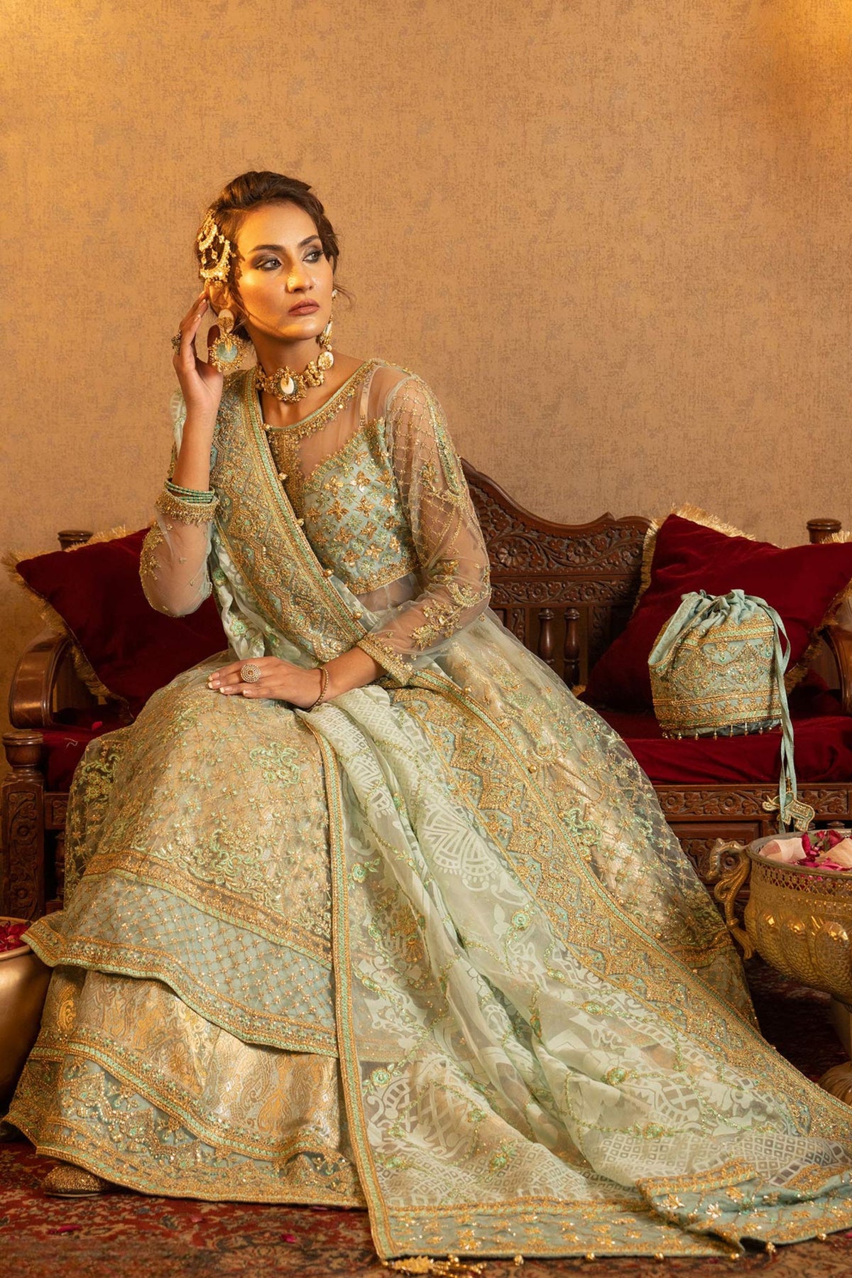 Ferozi Golden Net Gown Lehenga