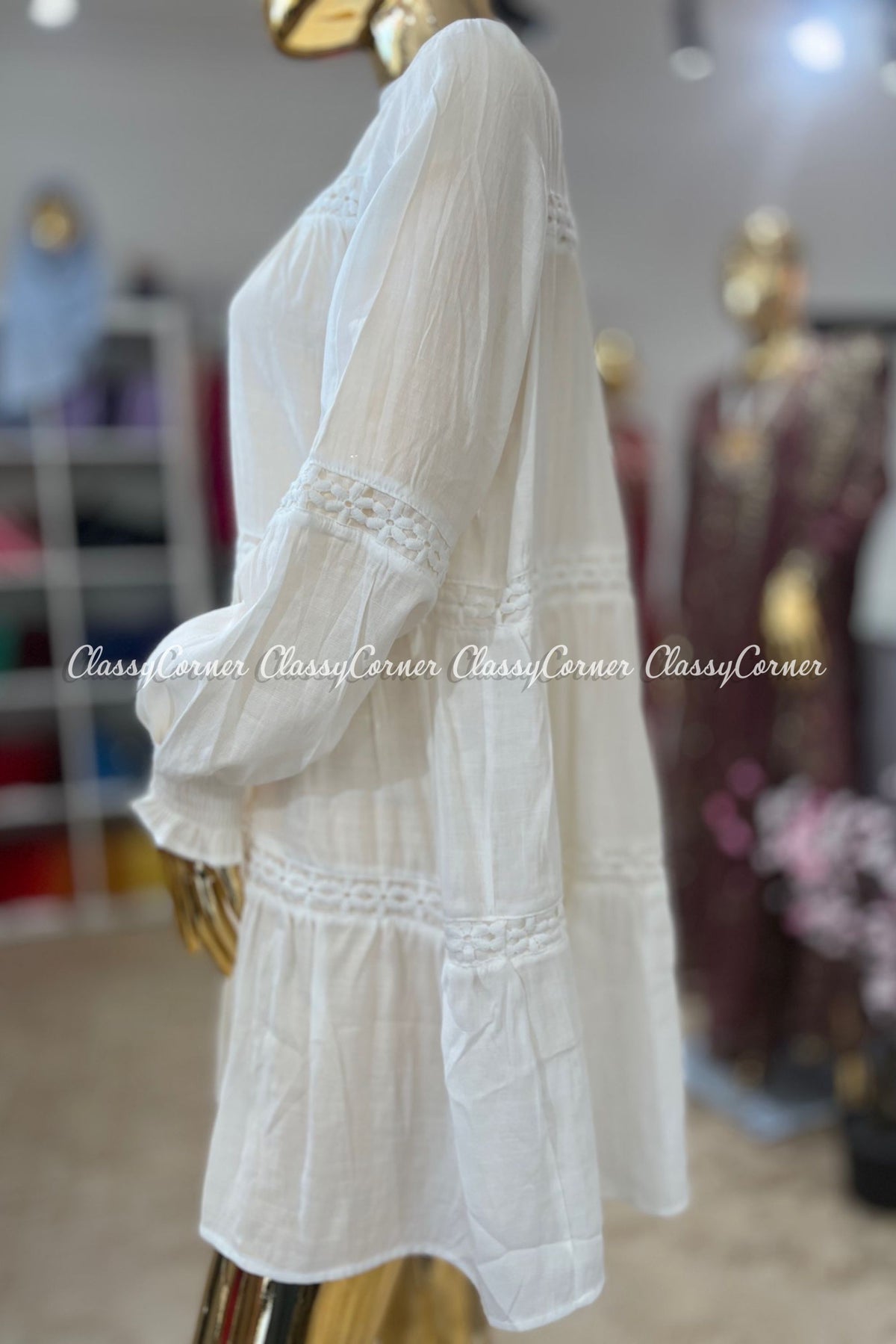 White Full Sleeves Short Dress