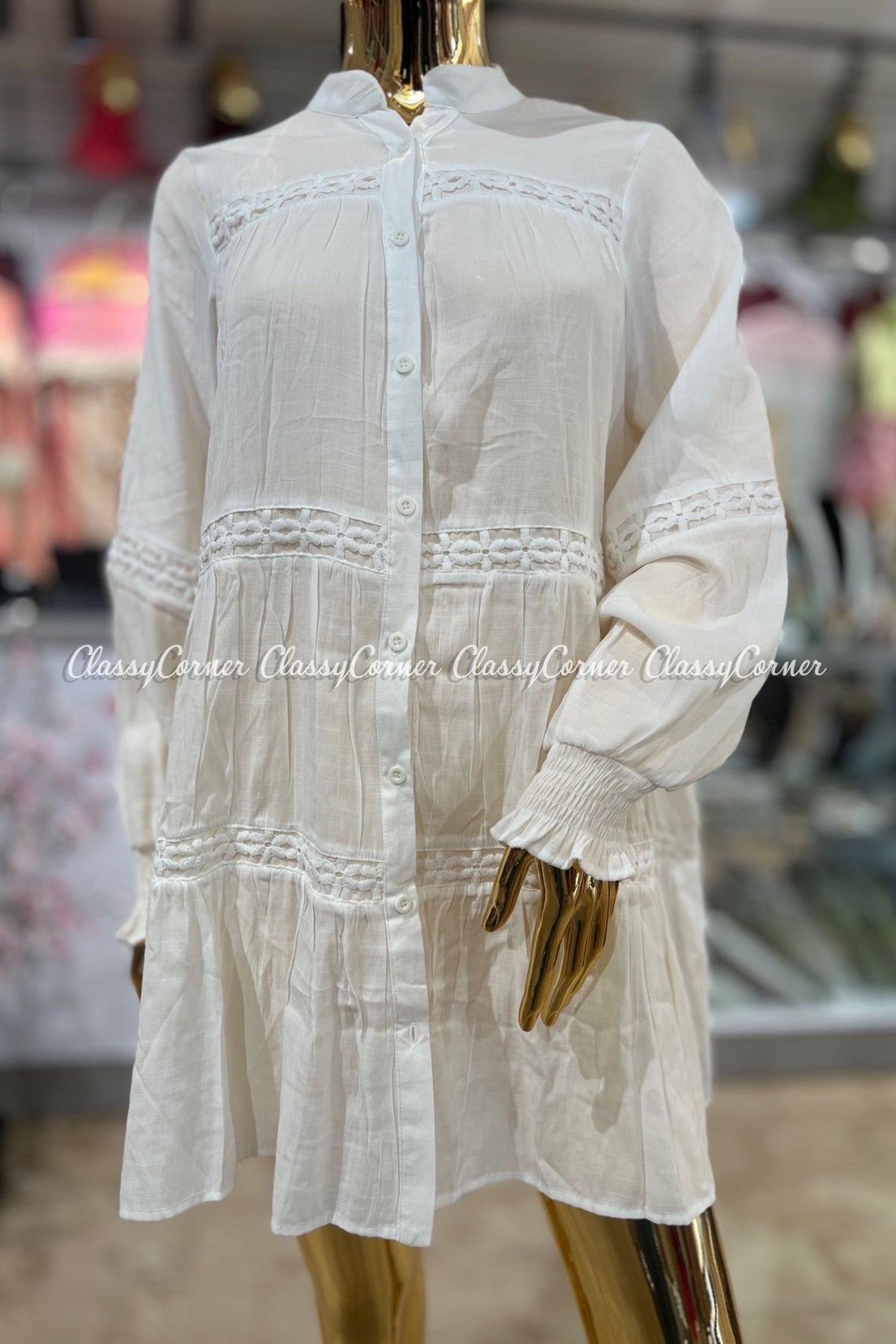 White Full Sleeves Short Dress