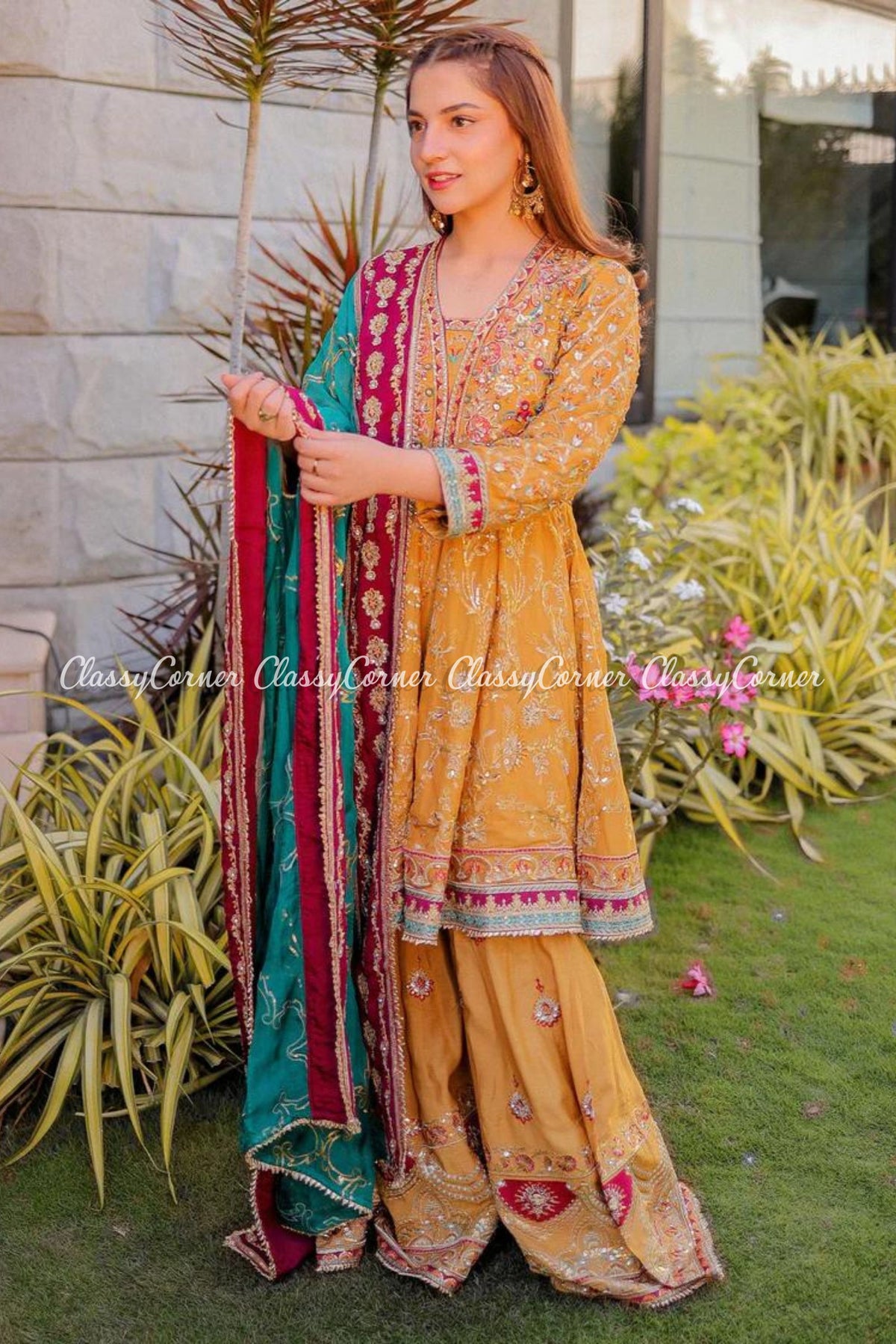 Yellow Chiffon Mehndi Wear Gharara