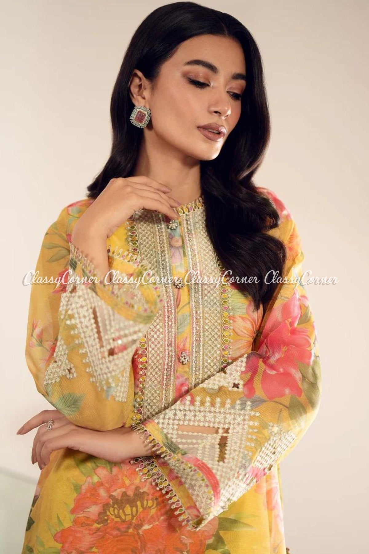 Yellow Floral Pakistani Formal Wear Suit