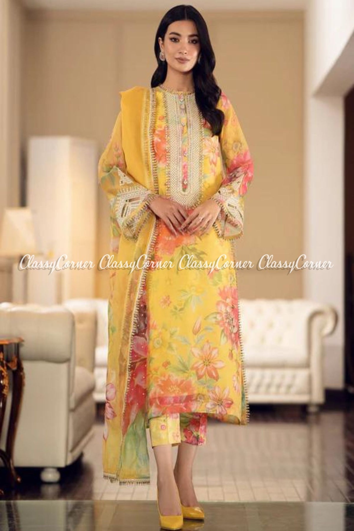 Yellow Digital Printed Pakistani Suit