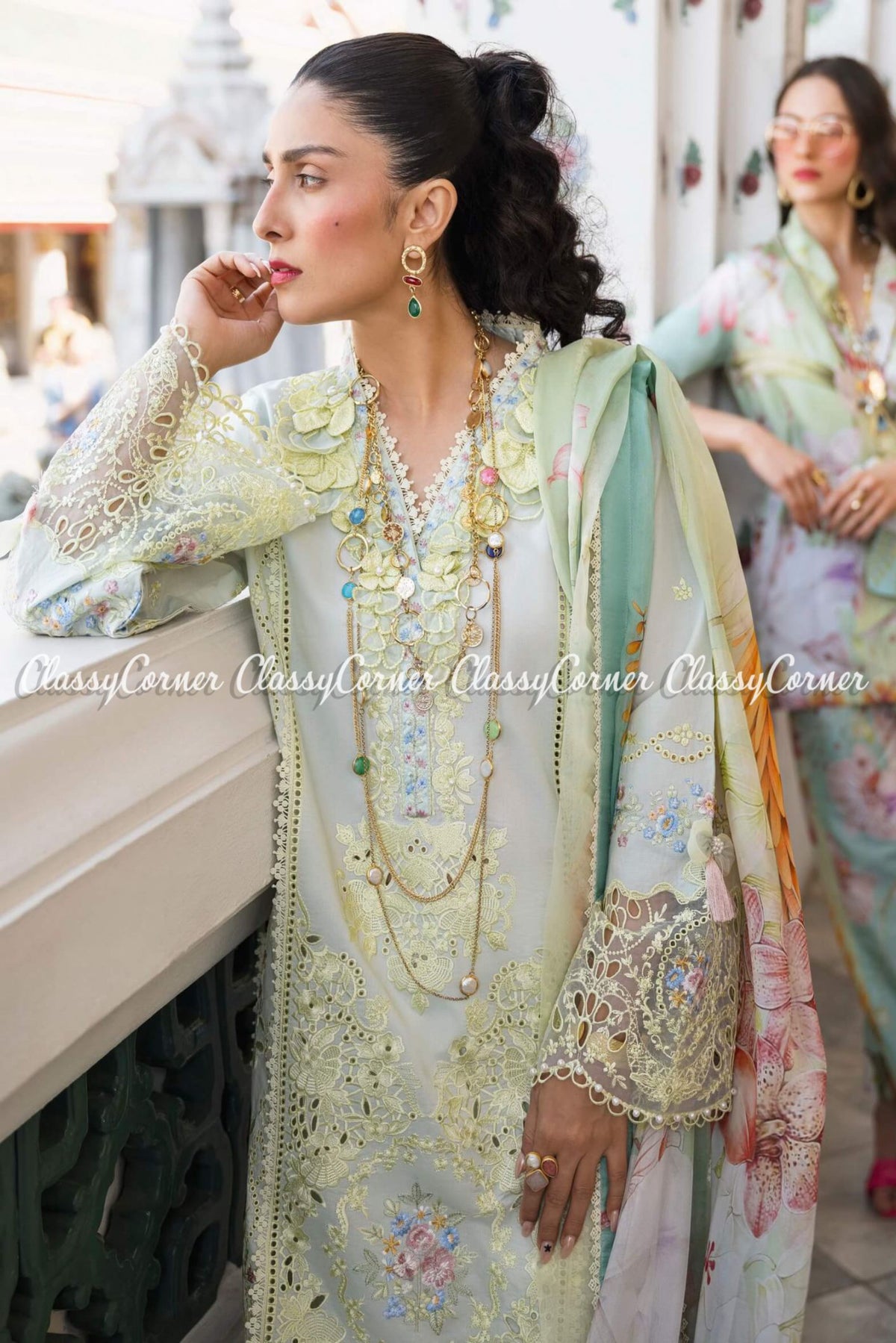 Aqua Blue Chikan Embroidered Lawn Pakistani Salwar Kameez