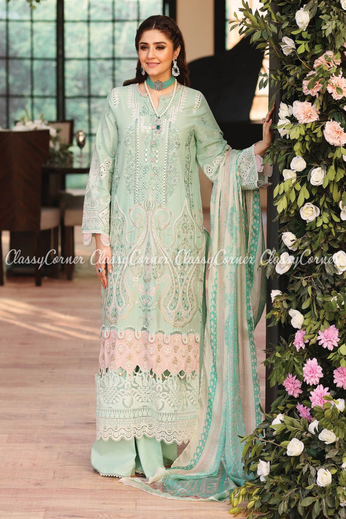 Aqua Blue Pink Embroidered Lawn Formal Salwar Kameez