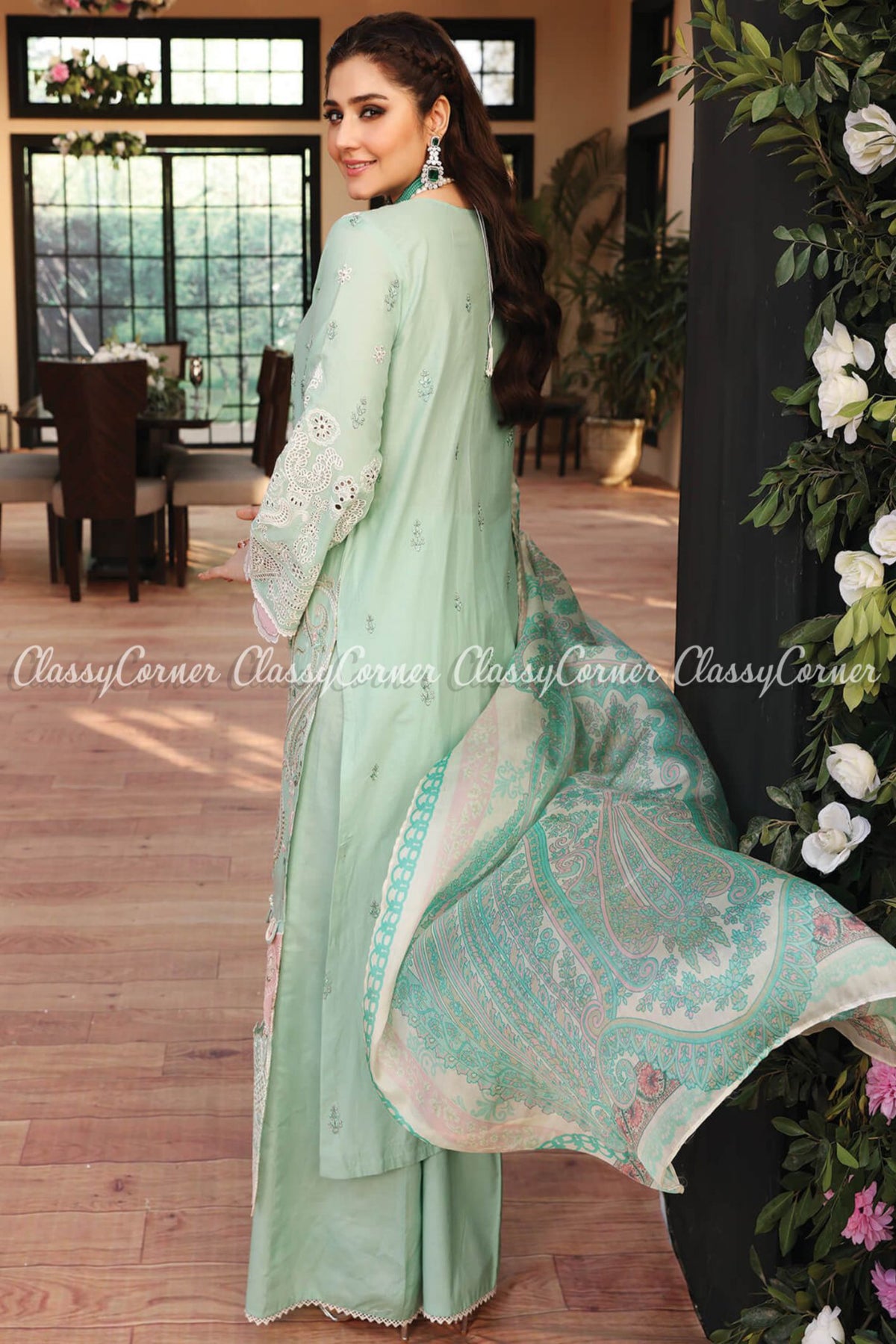 Aqua Blue Pink Embroidered Lawn Formal Salwar Kameez