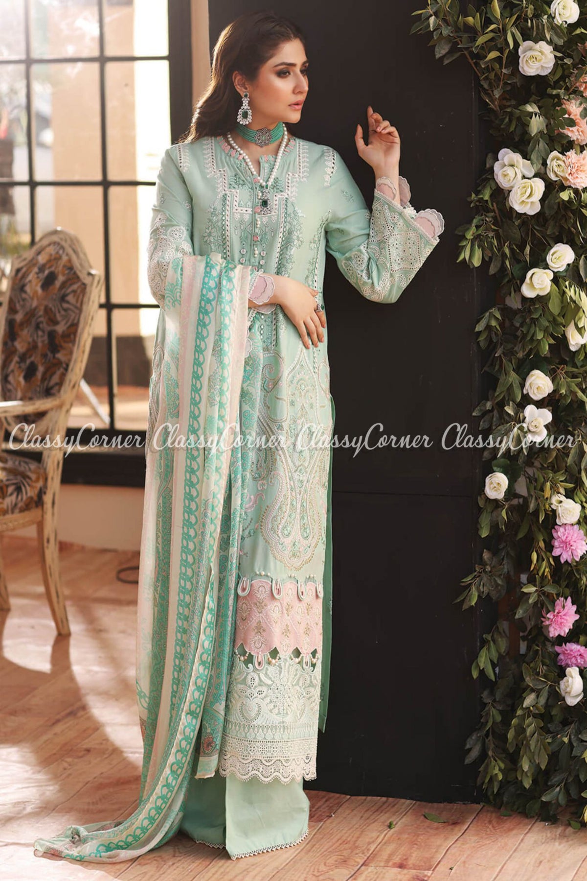 Aqua Blue Pink Embroidered Lawn Formal Salwar Kameez