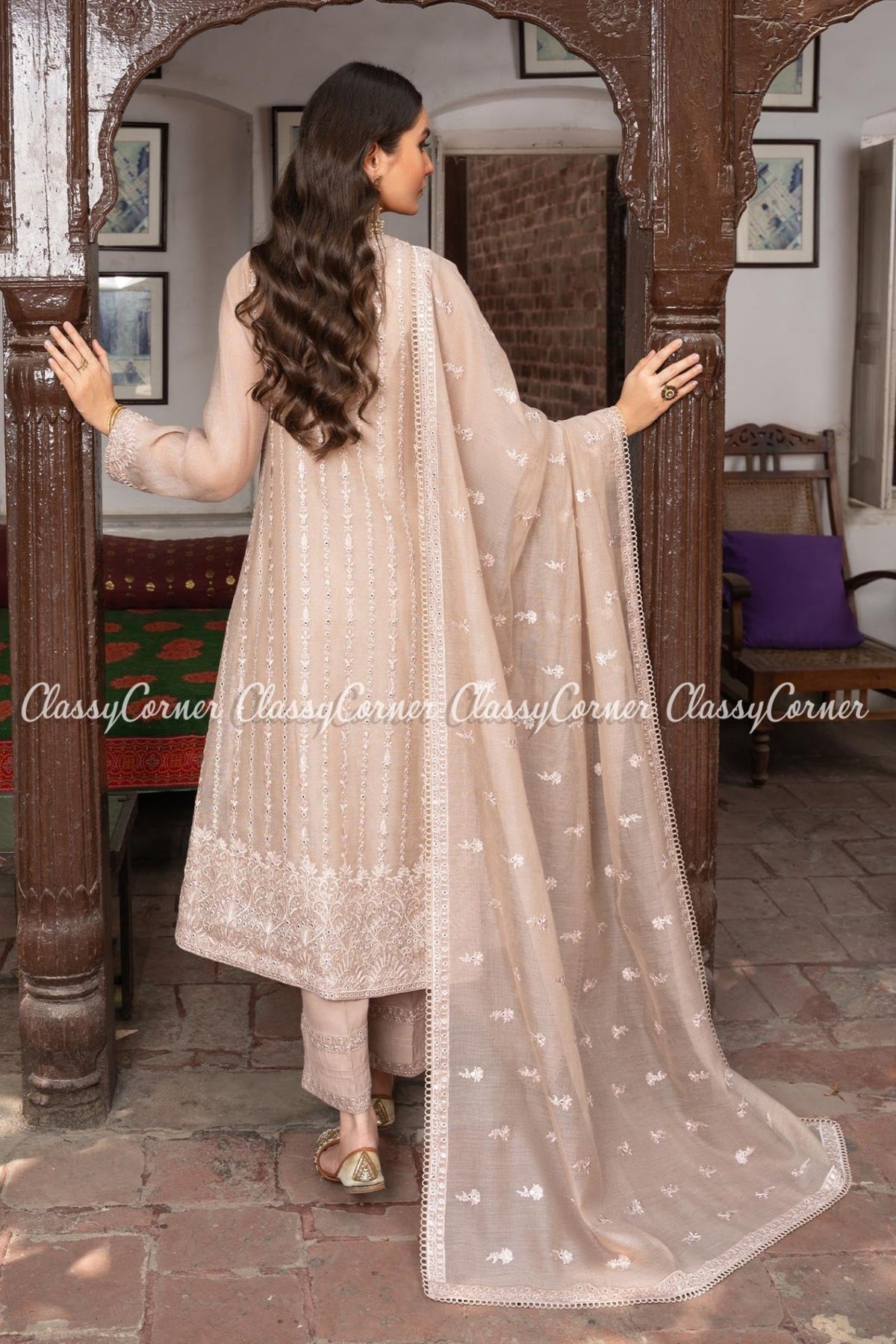 Pakistani Beige Cotton Silk Wedding Wear Outfit