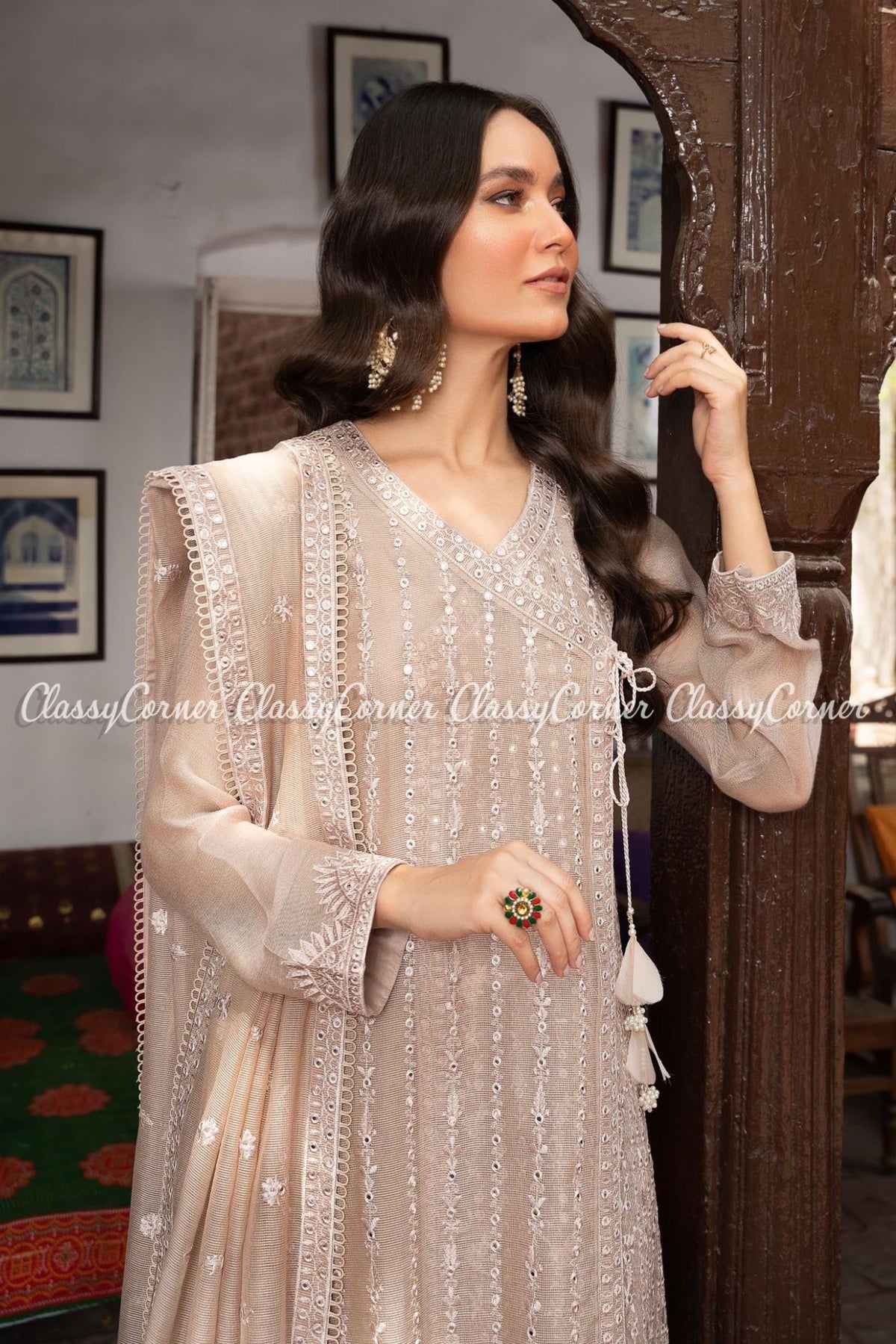 Pakistani Beige Cotton Silk Wedding Wear Outfit