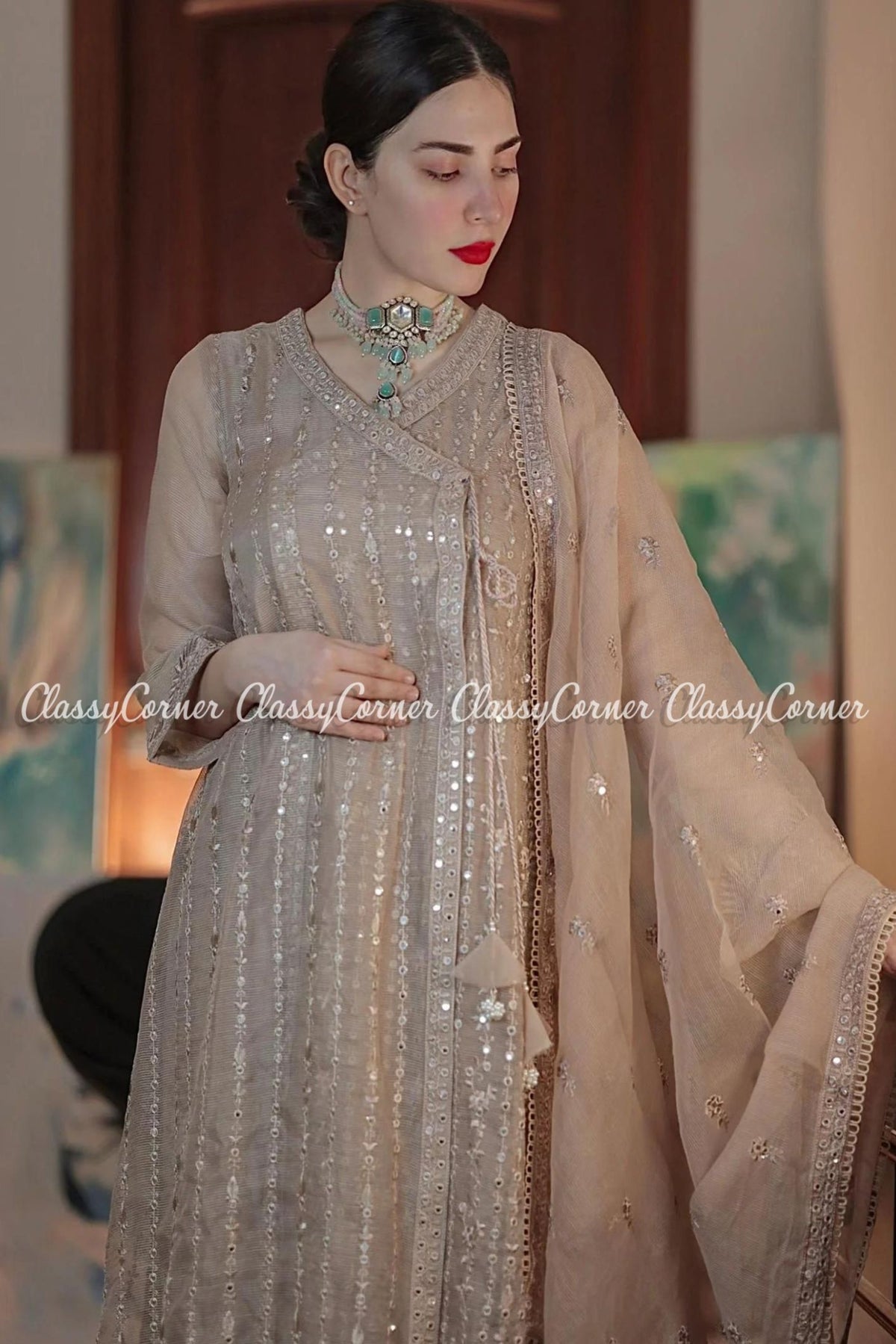 Pakistani Beige Cotton Silk Wedding Wear Outfit