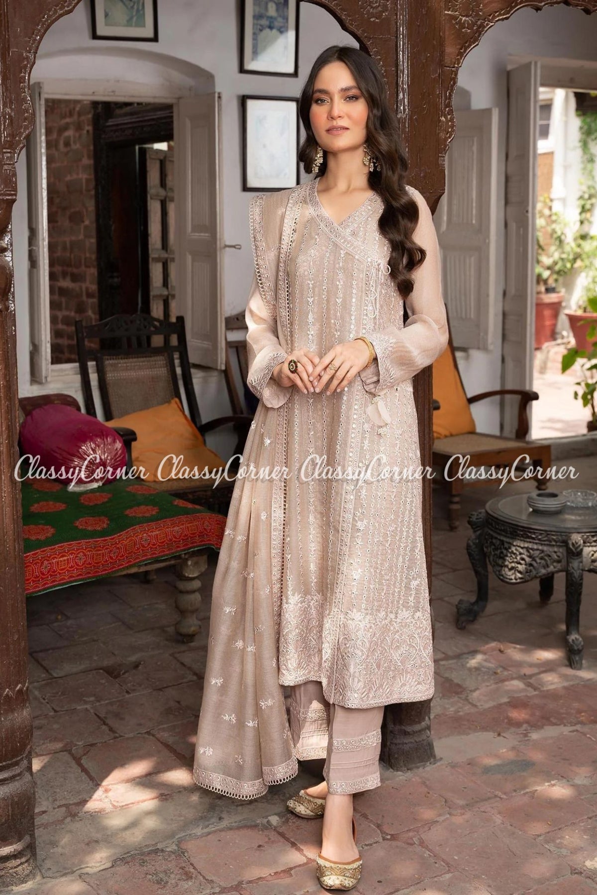 Pakistani Beige Cotton Silk Wedding Wear Outfit