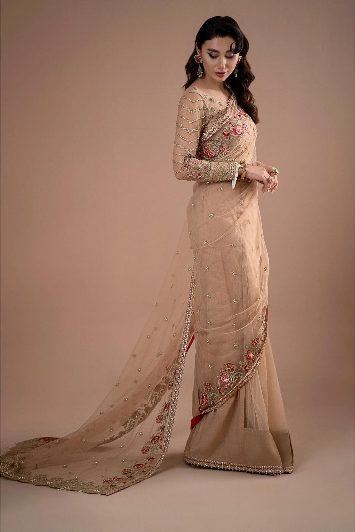 Dark Beige Net Readymade Saree