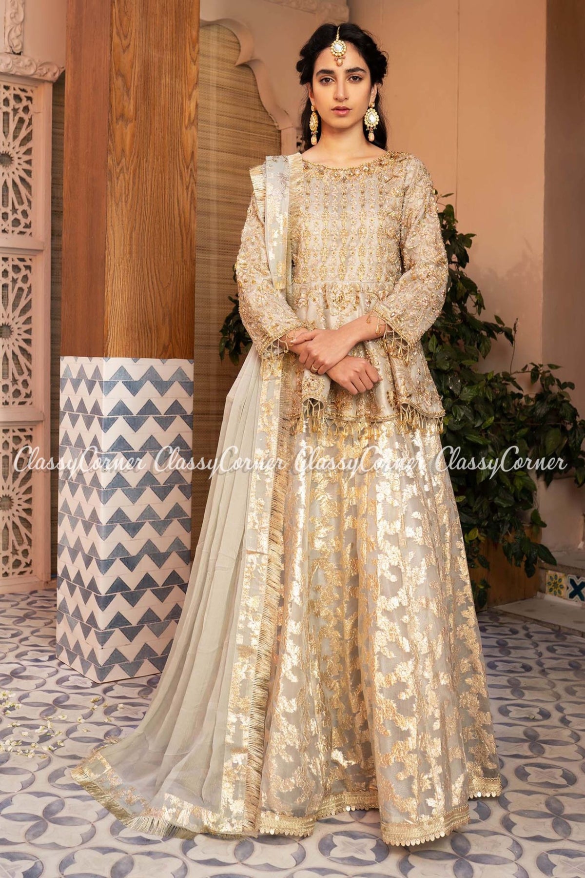 Beige Golden Organza Embroidered Party Wear Lehenga Outfit