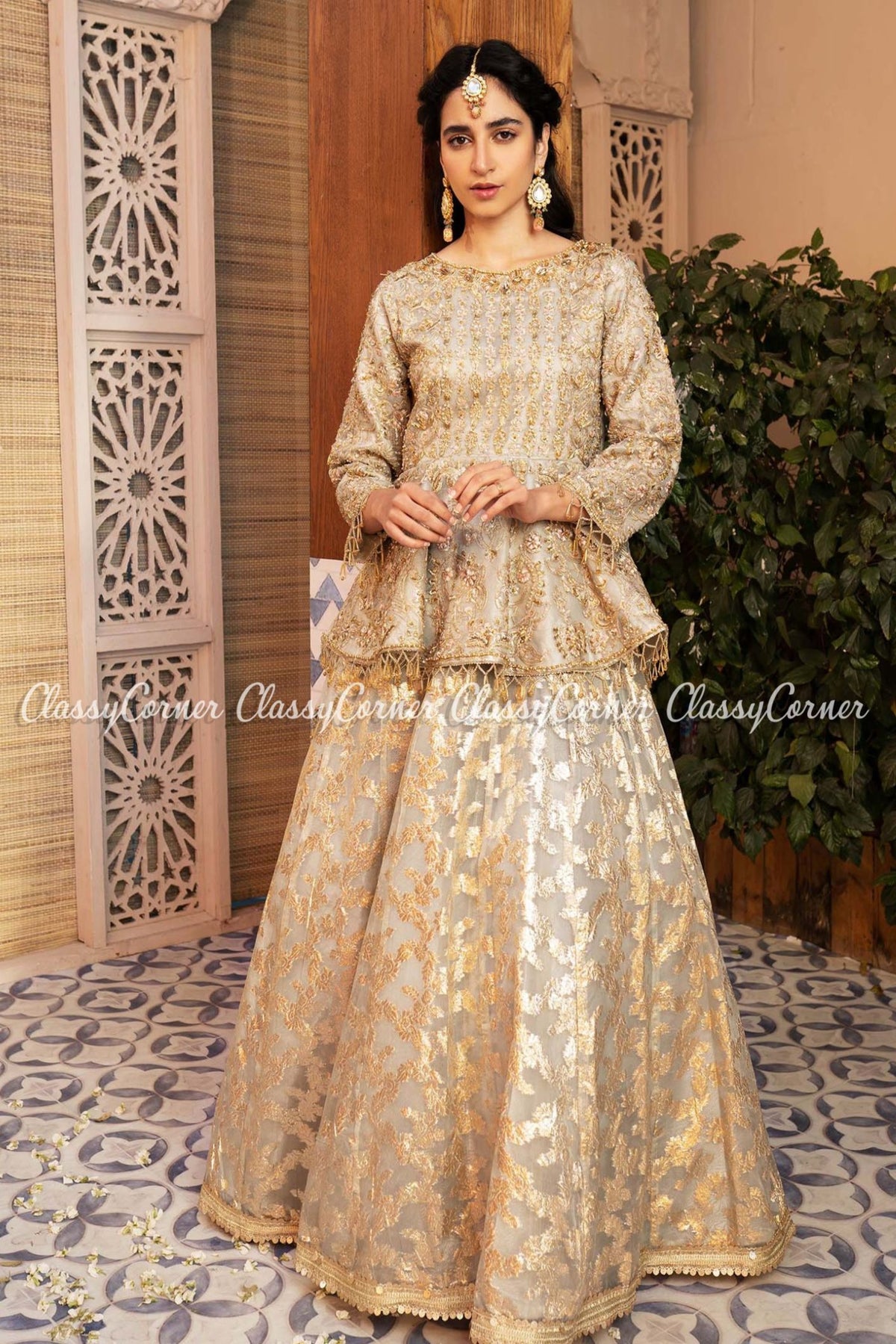 Beige Golden Organza Embroidered Party Wear Lehenga Outfit